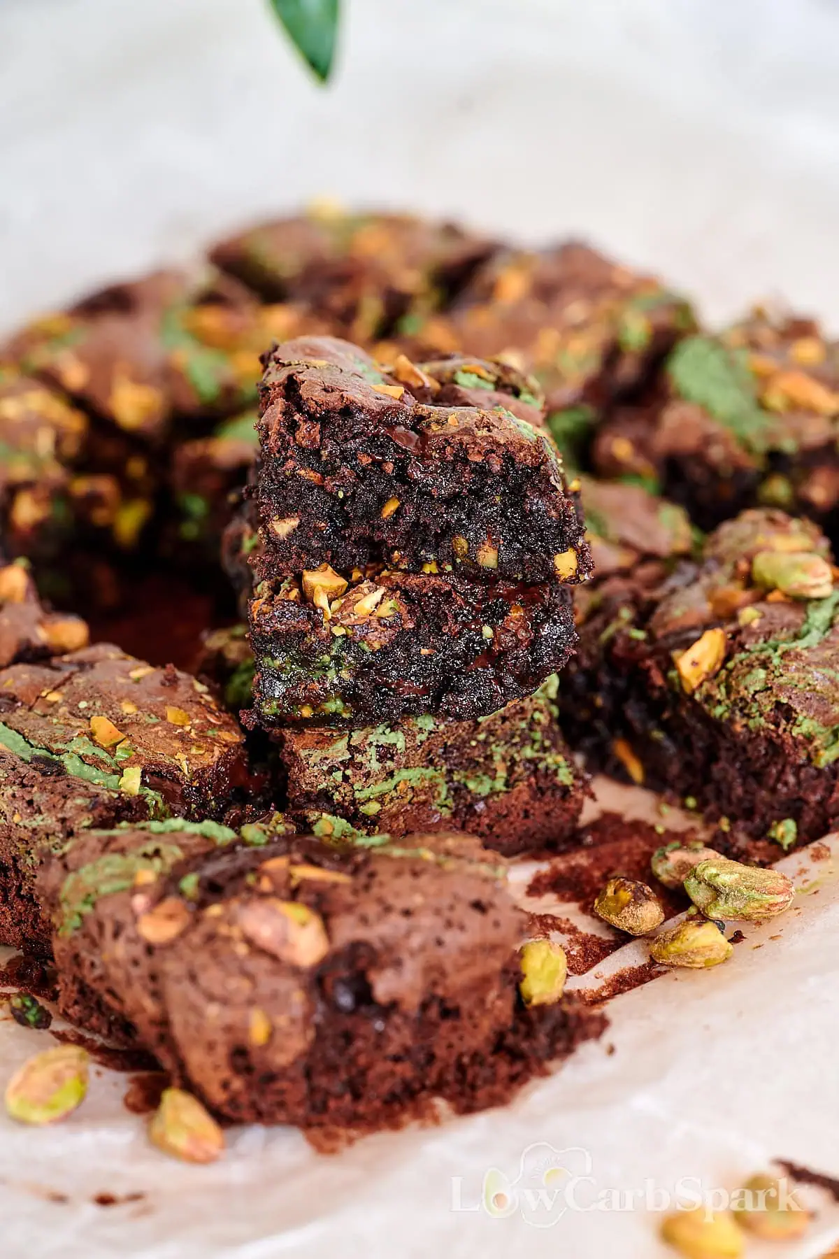 Fudgy Gluten-Free Pistachio Brownies 5 Stack of gooey pistachio swirl brownies surrounded by pistachio nuts.