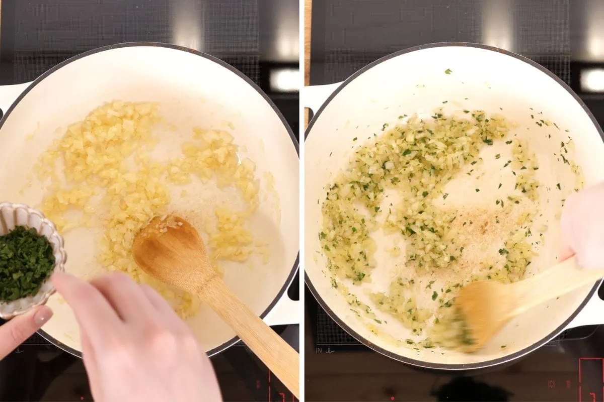 Cauliflower Curry 5 Onions sautéing in olive oil with garlic and cilantro in a Dutch oven.