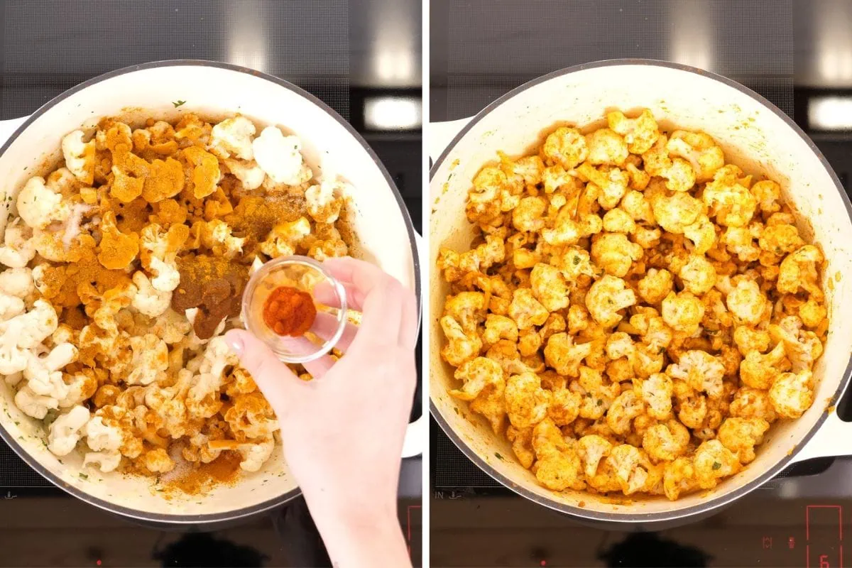 Cauliflower Curry 6 Step 2 of cauliflower curry – tossing cauliflower with turmeric, cumin, and paprika.