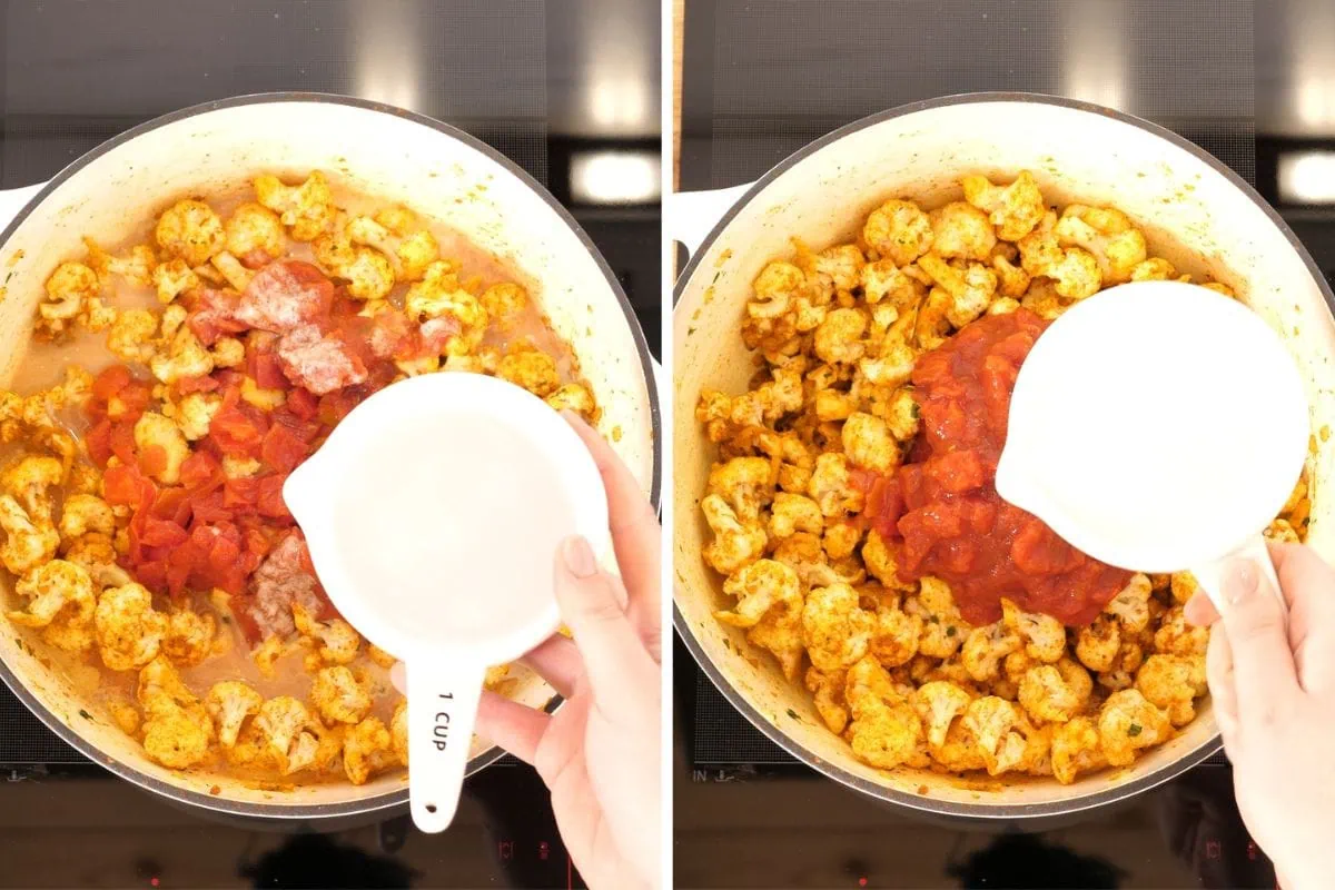 Cauliflower Curry 7 Diced tomatoes and water added to cauliflower curry base.