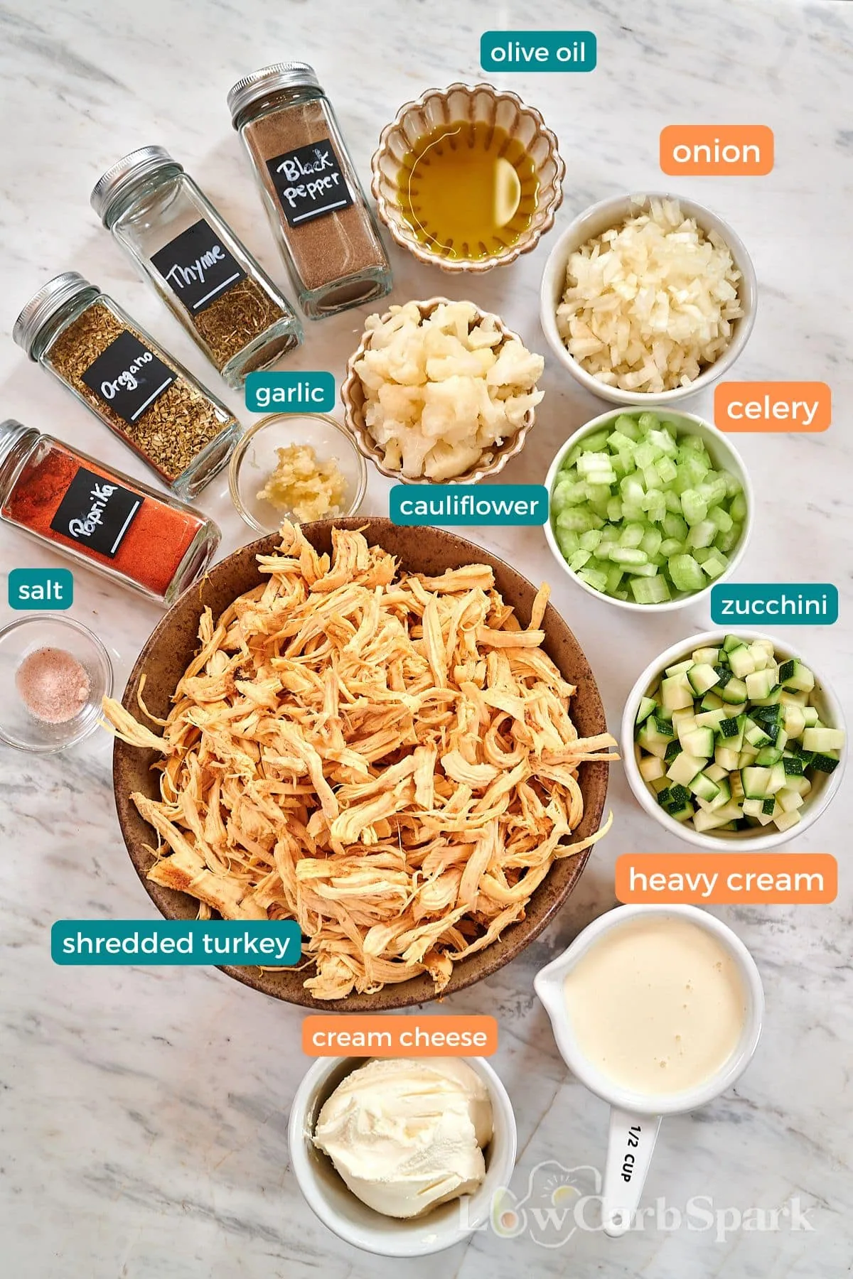Creamy Turkey Soup 3 Ingredients for creamy turkey soup laid out on a marble countertop — shredded turkey, cauliflower, celery, onion, zucchini, garlic, cream cheese, heavy cream, and spices.