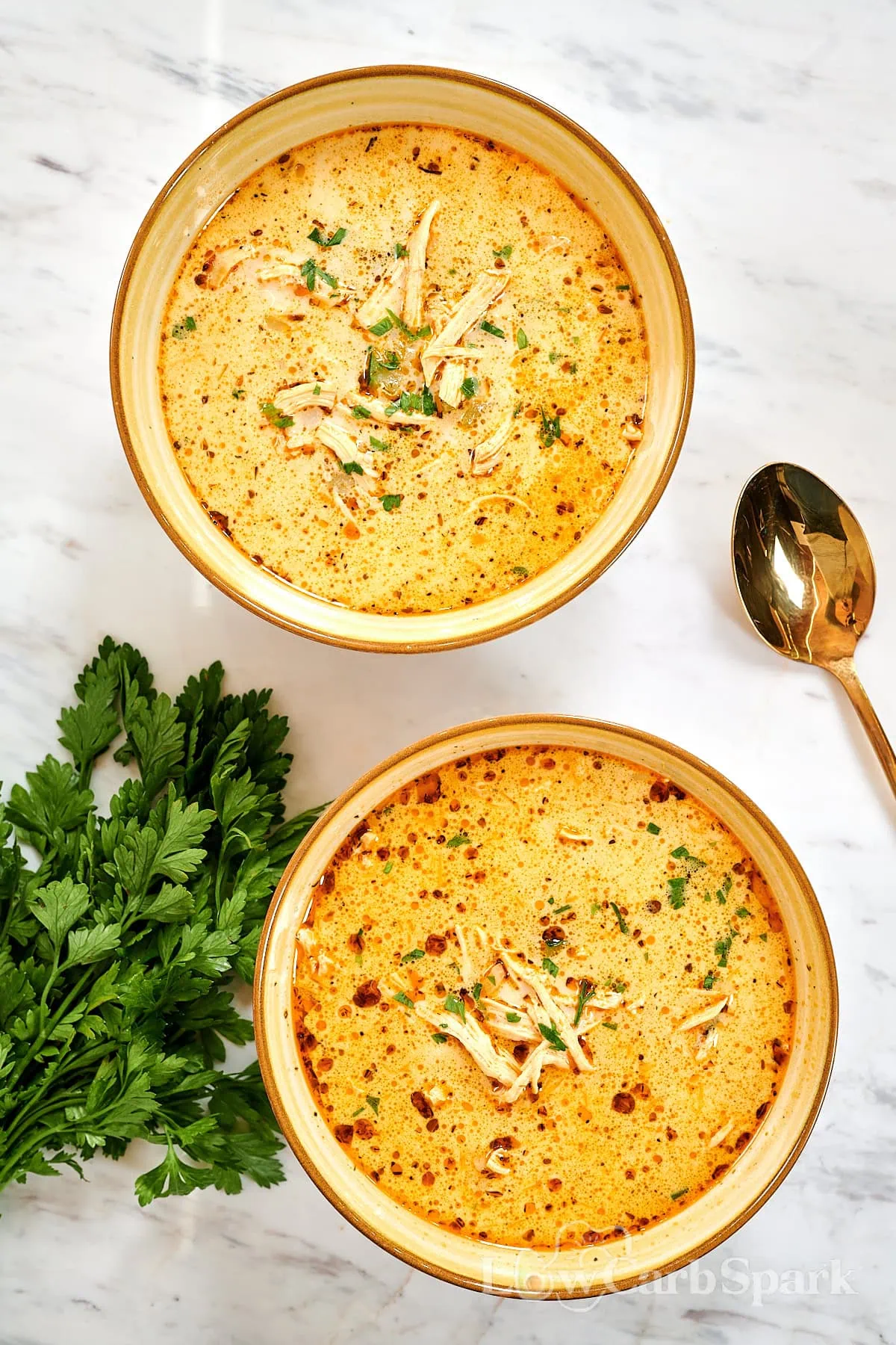 Creamy Turkey Soup 2 Two bowls of creamy turkey soup topped with shredded turkey and parsley.