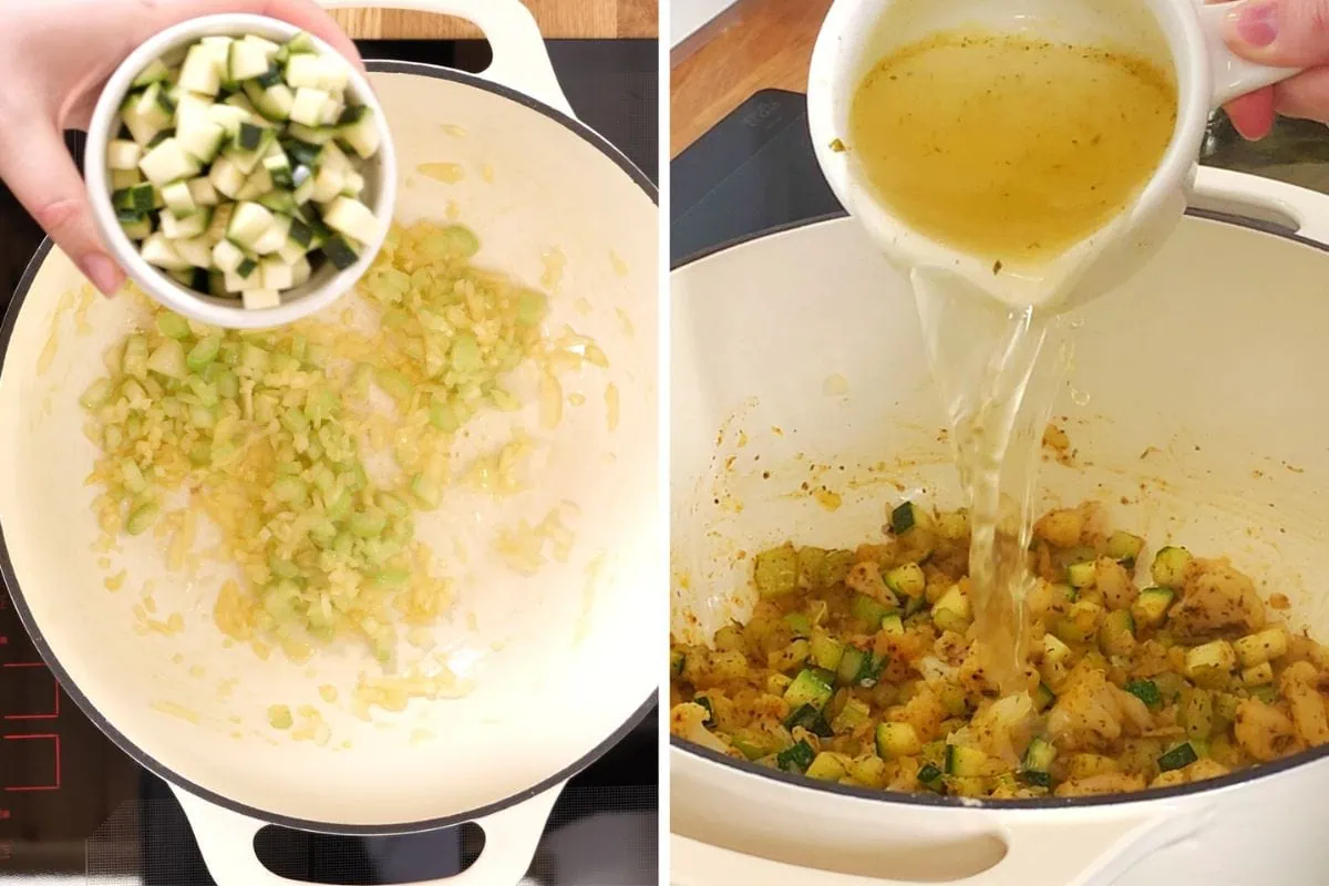 Creamy Turkey Soup 6 Pouring broth and seasonings into pot with sautéed vegetables to make soup base.