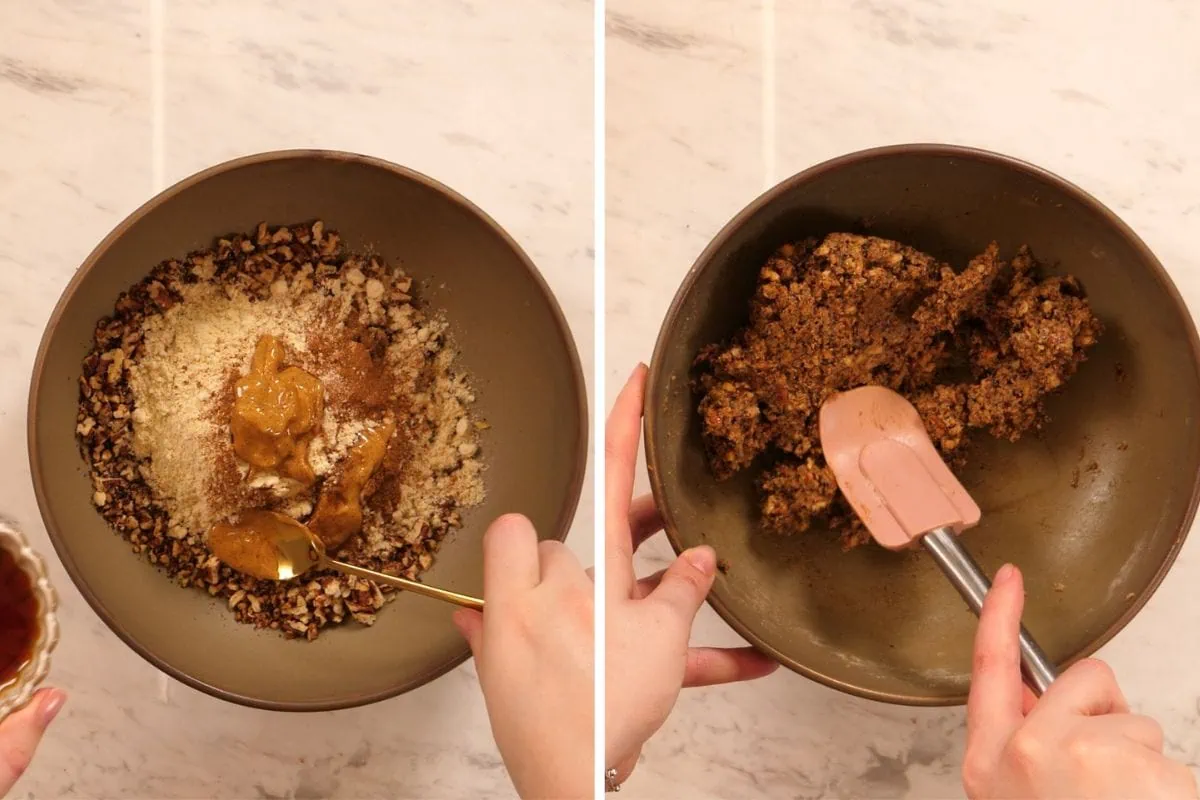 High-Protein Pecan Pie Balls 5 Mixing almond flour, chopped pecans, cinnamon, and peanut butter to make keto pecan pie protein balls.