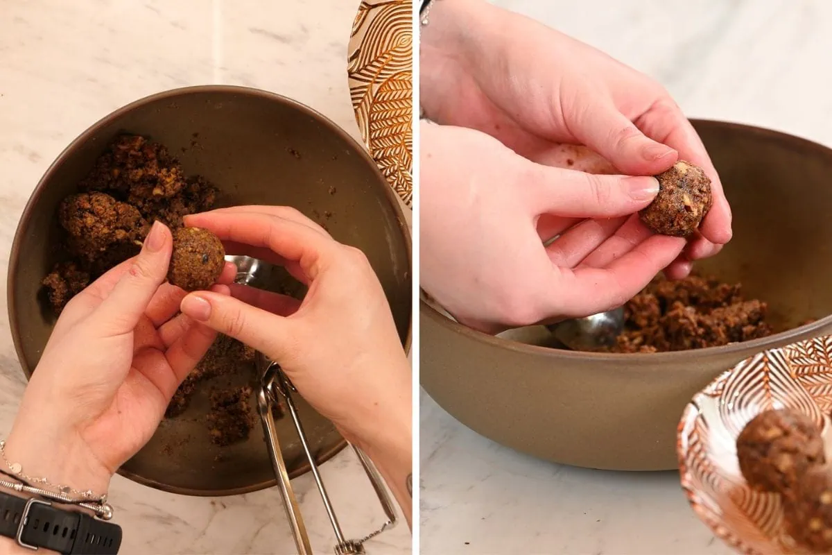 High-Protein Pecan Pie Balls 6 Shaping no-bake pecan pie balls from a nutty, high-protein dough mixture.