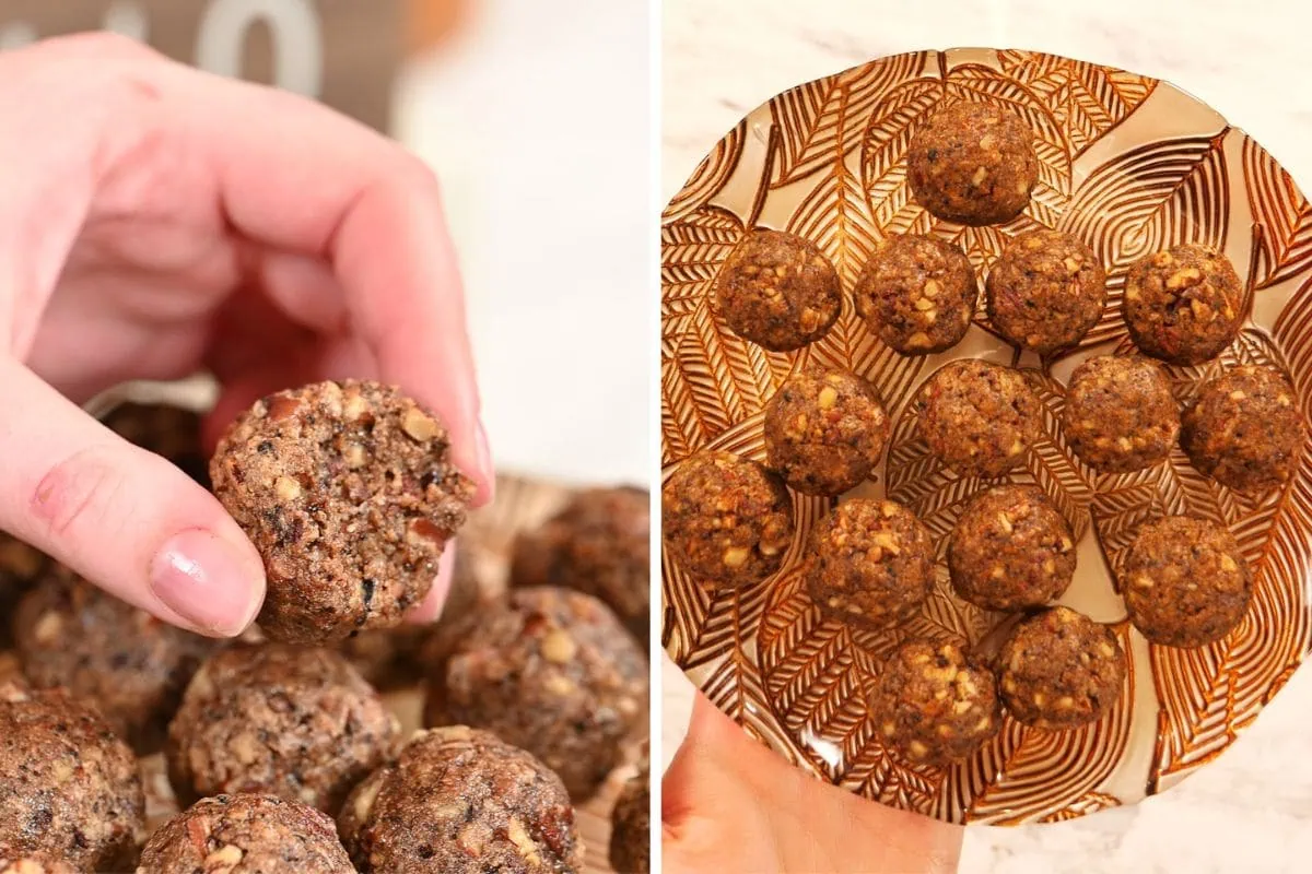 High-Protein Pecan Pie Balls 7 Close-up of the texture inside a high-protein keto pecan pie ball showing chopped nuts and dense filling.