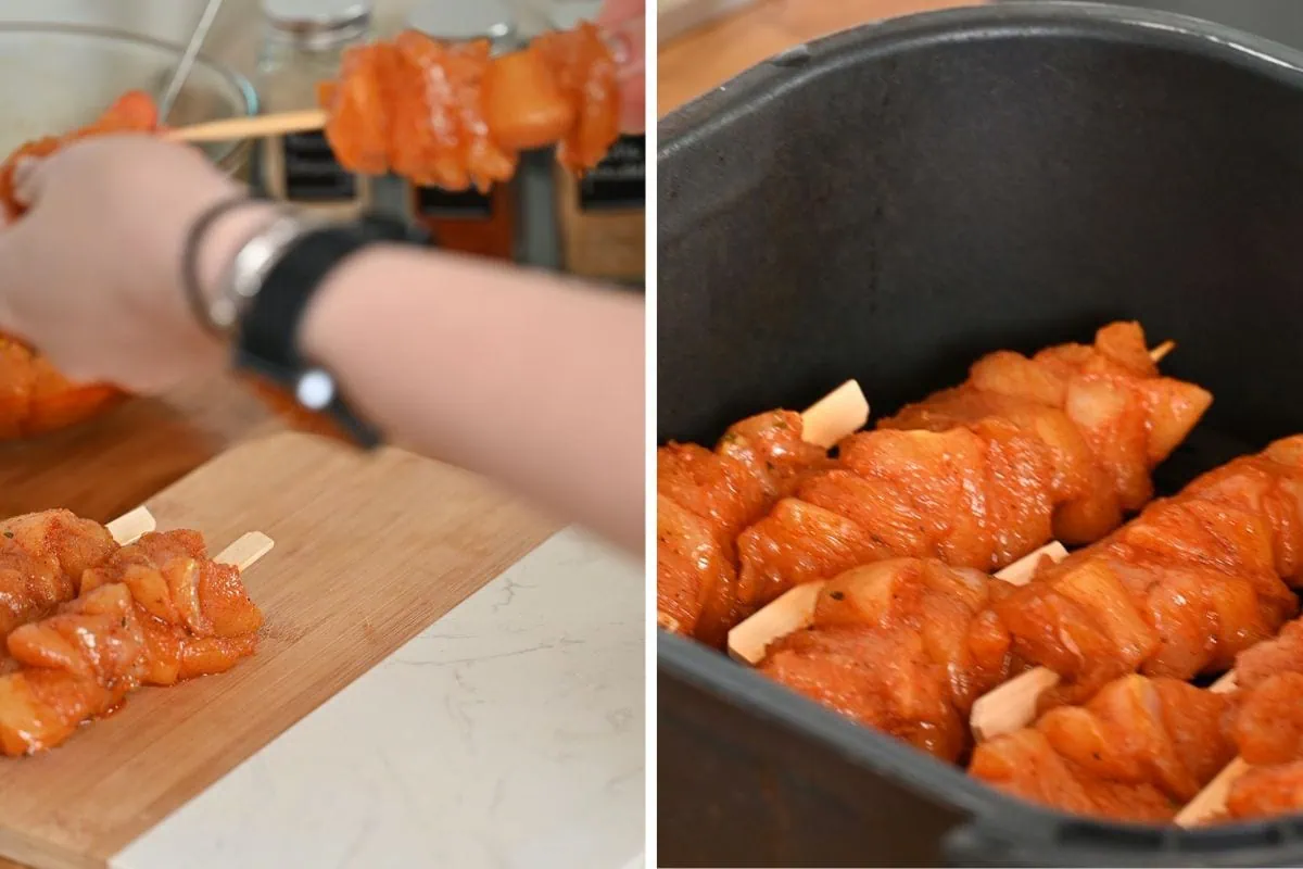Ranch Garlic Parmesan Chicken Skewers 5 Hands threading marinated chicken pieces onto wooden skewers for ranch garlic parmesan skewers.