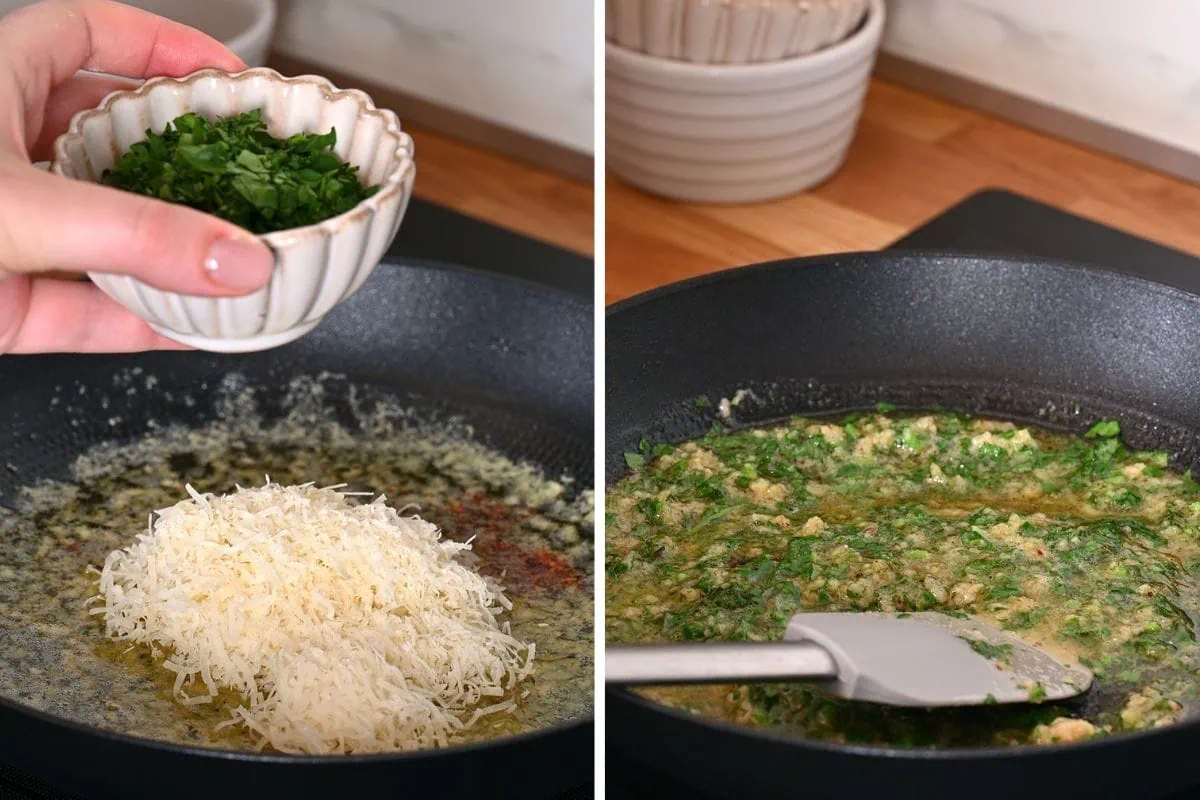 Ranch Garlic Parmesan Chicken Skewers 6 Mixing ranch garlic parmesan butter sauce in a skillet on the stovetop.