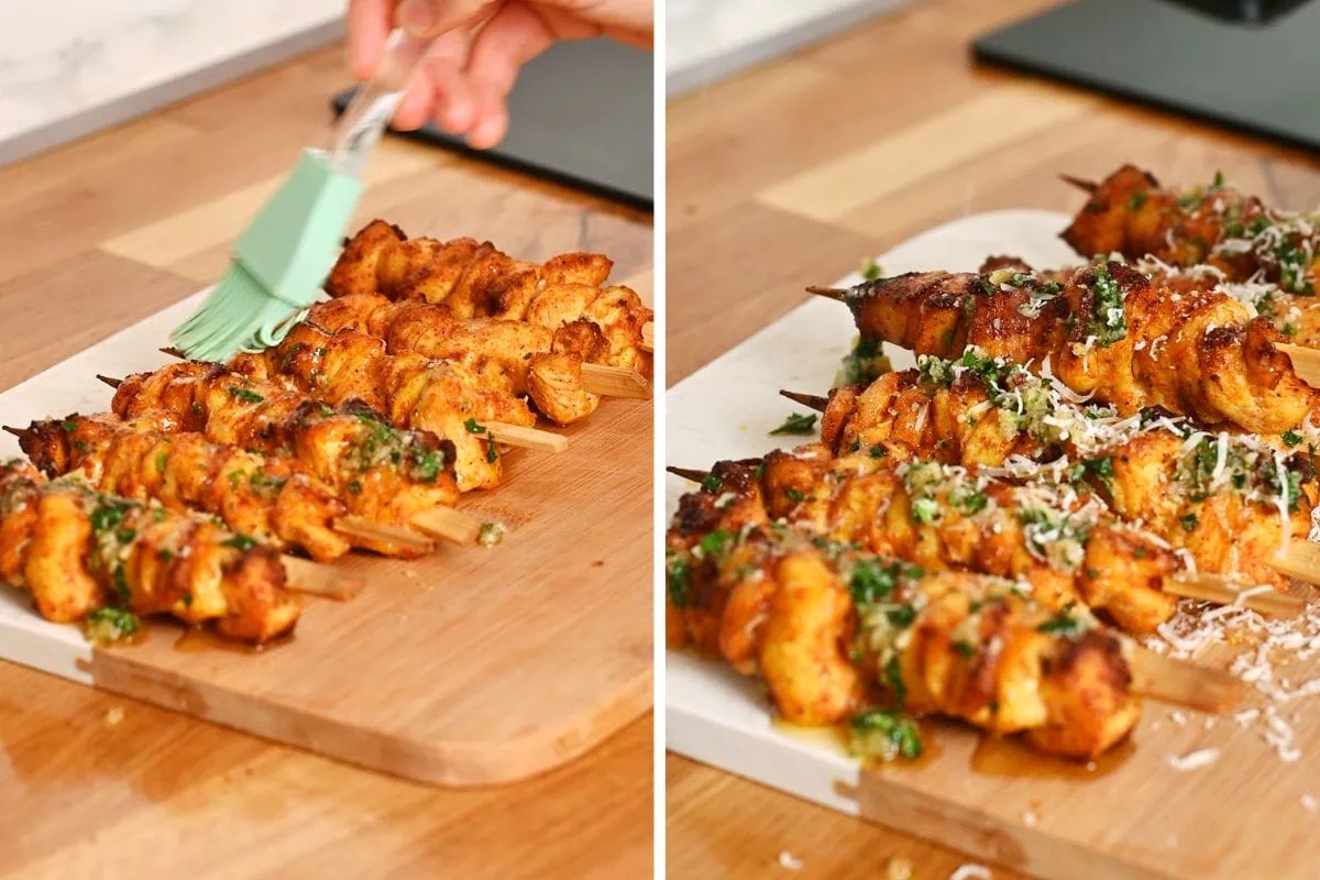 Ranch Garlic Parmesan Chicken Skewers 8 Brushing hot chicken skewers with garlic parmesan butter mixture.