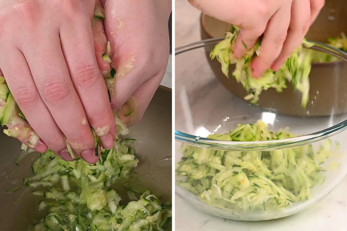 Zucchini Wraps 5 Hands squeezing shredded zucchini to remove excess moisture before cooking.