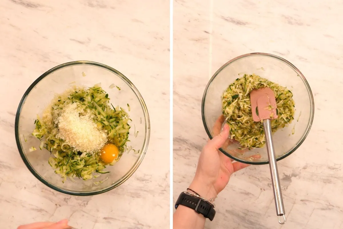 Zucchini Wraps 6 Mixing grated zucchini with egg, cheese, and parmesan for zucchini wraps.