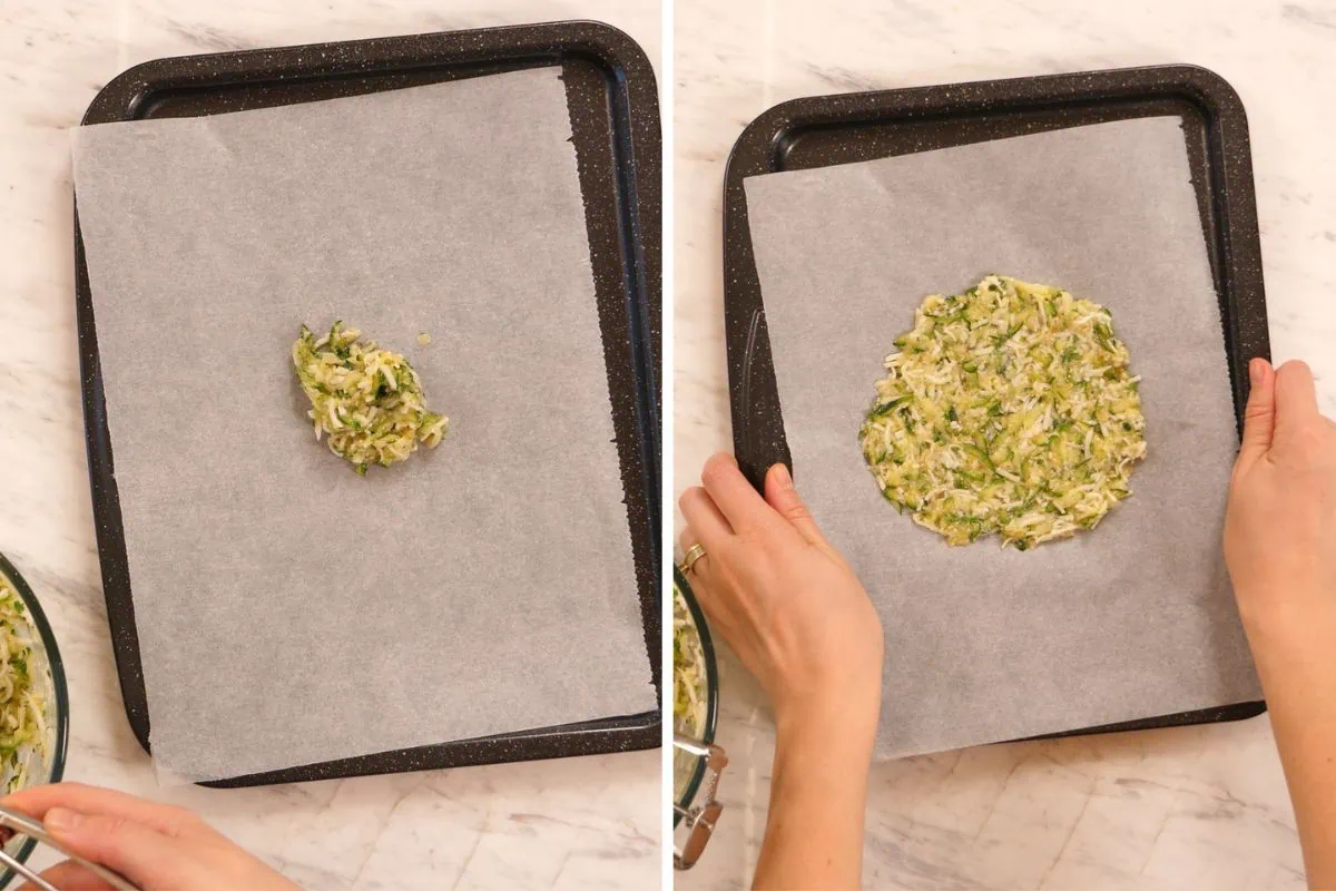 Zucchini Wraps 7 Forming zucchini wrap mixture on parchment paper before baking.