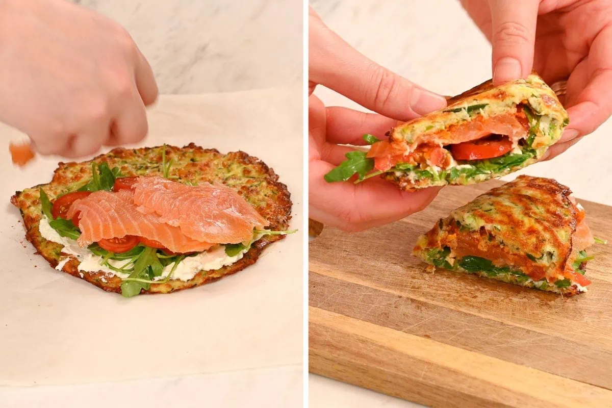 Zucchini Wraps 9 Filling zucchini wrap with cream cheese, arugula, tomato, and smoked salmon.