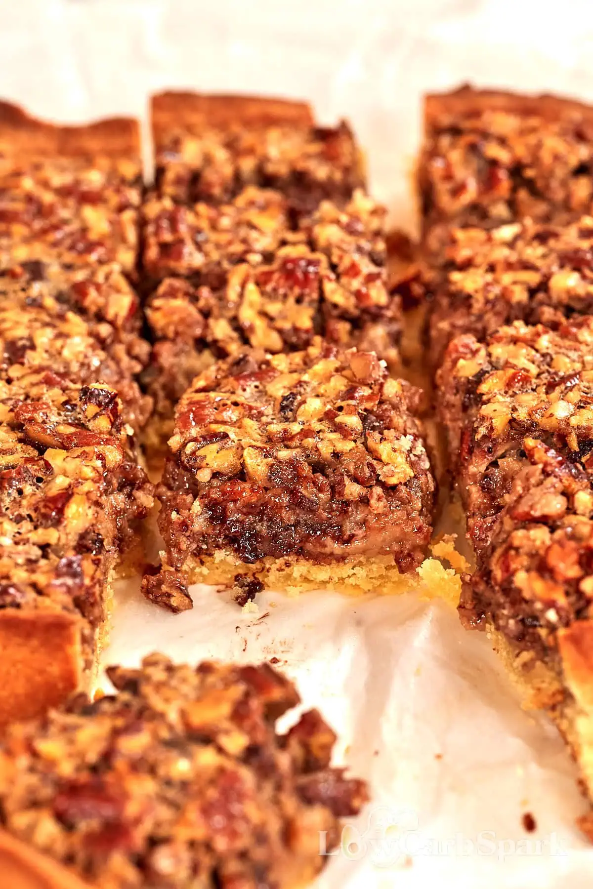 Keto Pecan Pie Bars 2 Freshly baked keto pecan pie bars cut into squares, showing a gooey pecan filling and golden crust.