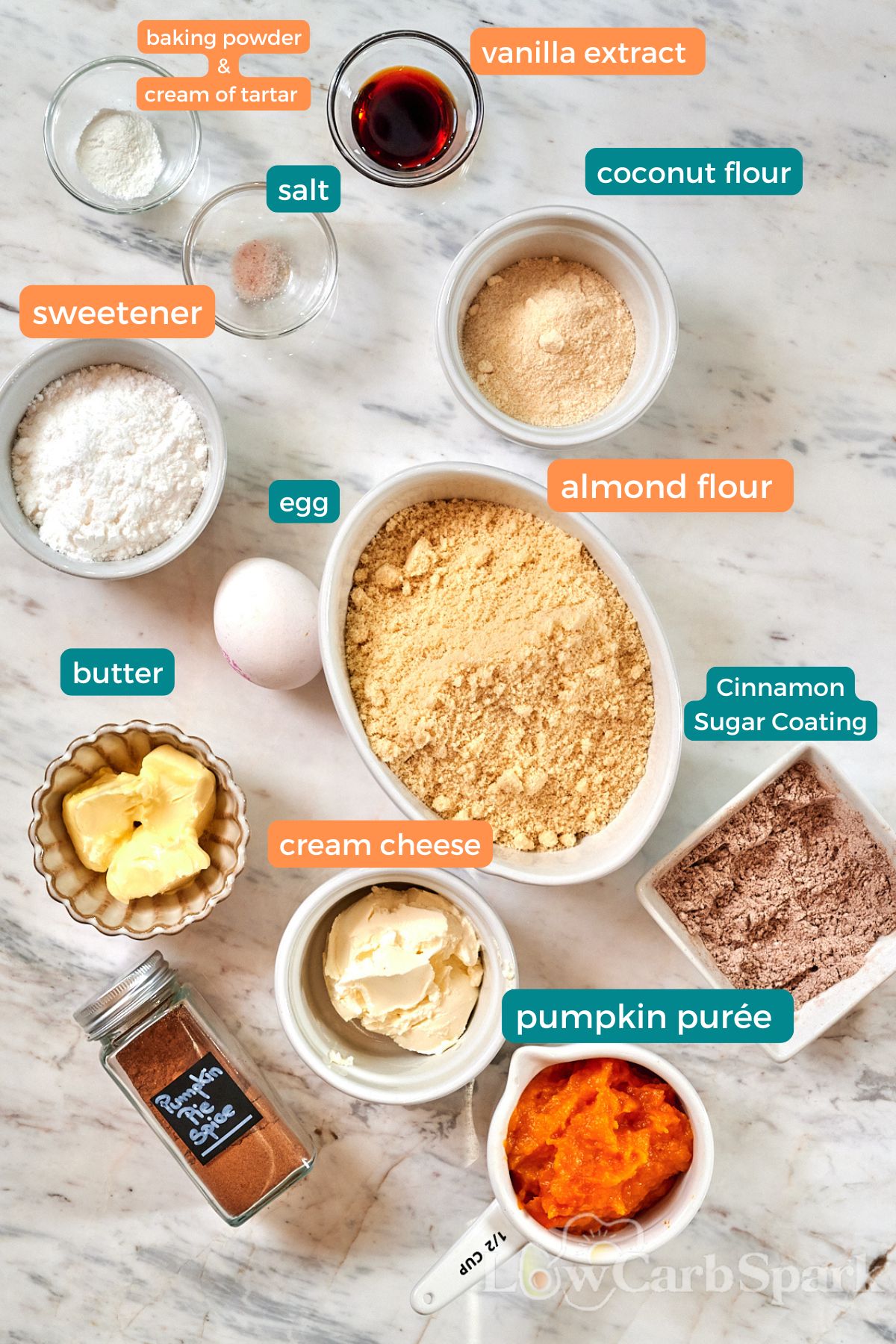 Keto Pumpkin Snickerdoodle Cookies 2 Ingredients for pumpkin snickerdoodle cookies arranged on a white surface