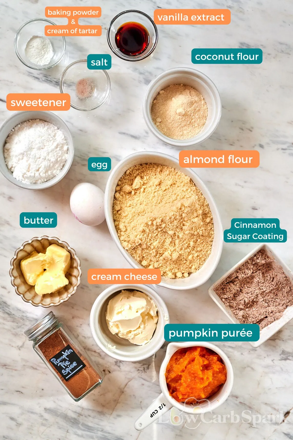 Keto Pumpkin Snickerdoodle Cookies 2 Ingredients for pumpkin snickerdoodle cookies arranged on a white surface