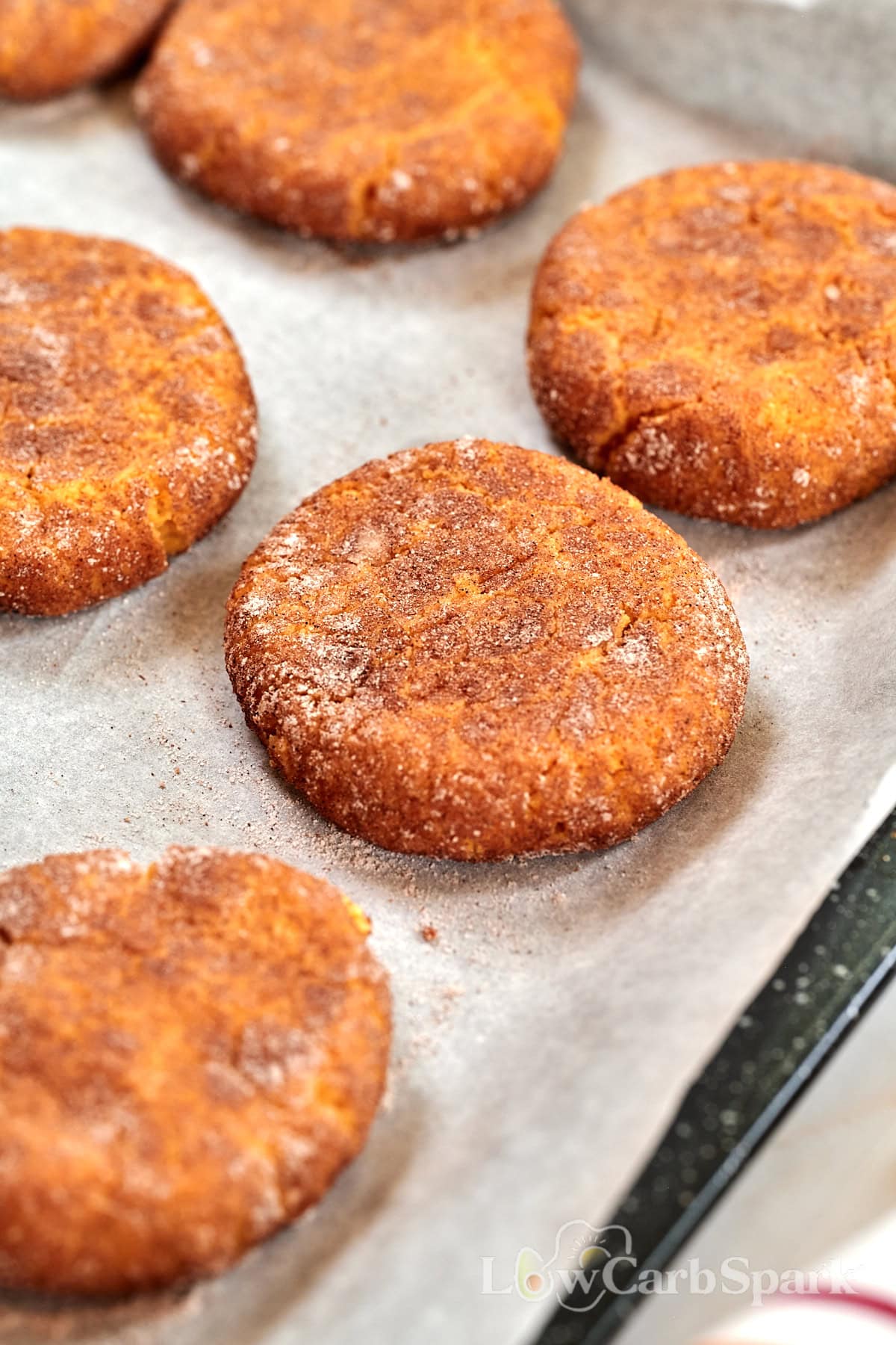 Keto Pumpkin Snickerdoodle Cookies 10 low-carb pumpkin snickerdoodle cookies rolled in cinnamon sweetener on a lined baking tray.