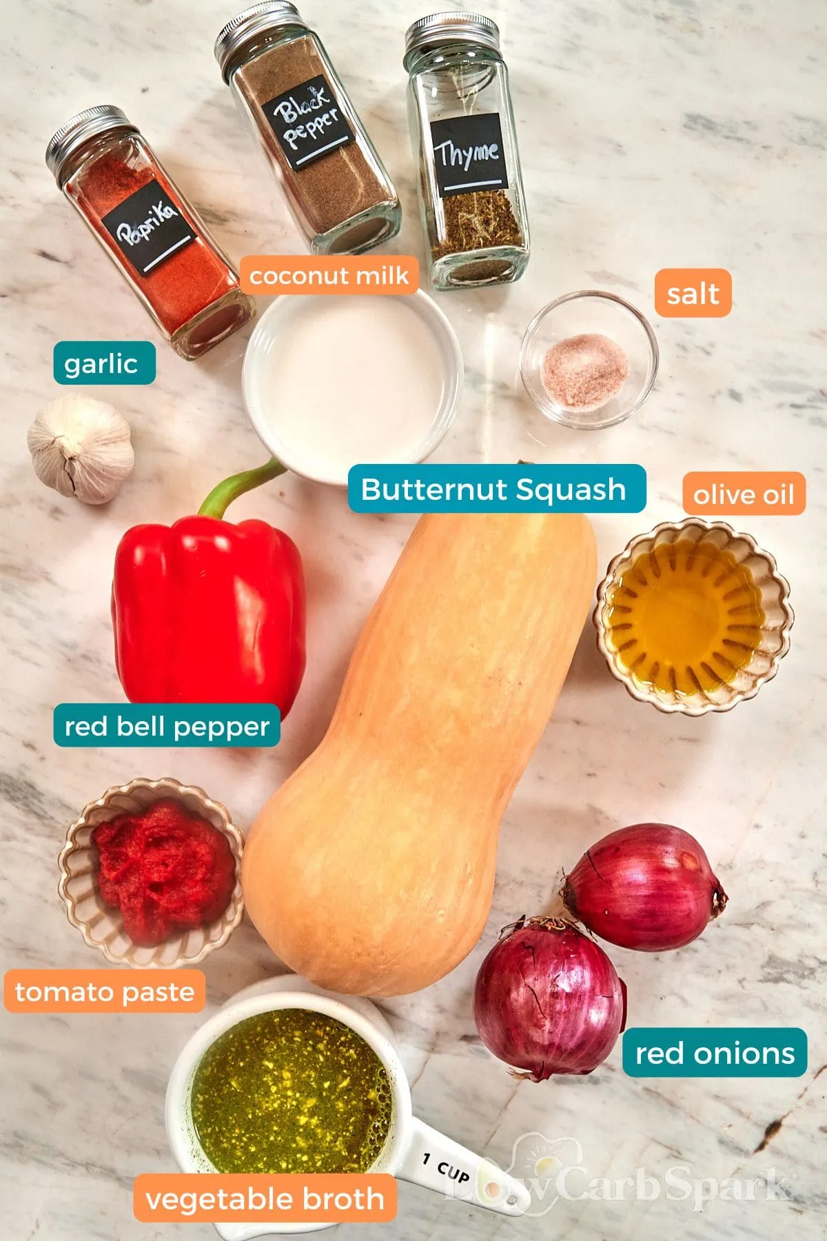 Creamy Roasted Butternut Squash Soup 2 Butternut squash, red pepper, onions, garlic, broth, coconut milk, tomato paste, and seasonings for soup