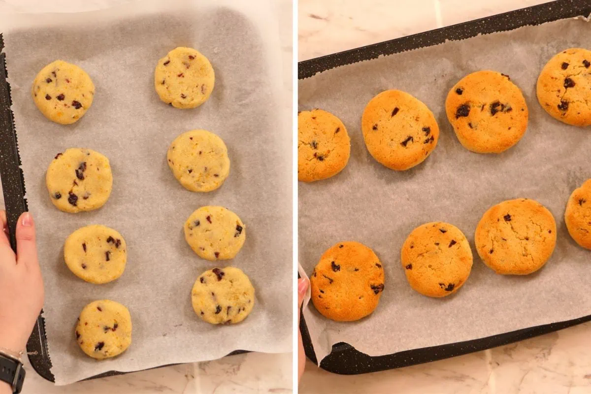 Almond Flour Cranberry Orange Cookies 9 Baked almond flour cranberry orange cookies on tray.