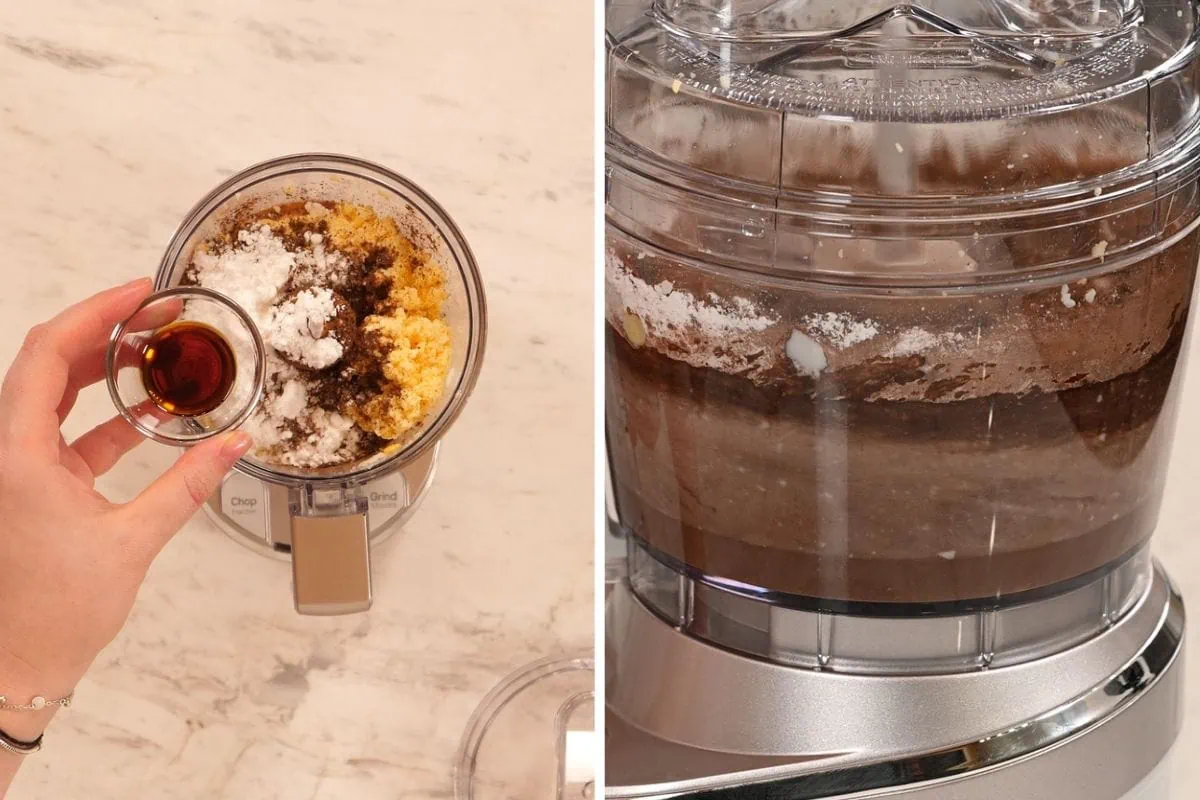 Boiled Egg Chocolate Mousse 5 Adding vanilla extract to a food processor filled with boiled eggs, cocoa powder, sweetener, and cream for chocolate mousse.