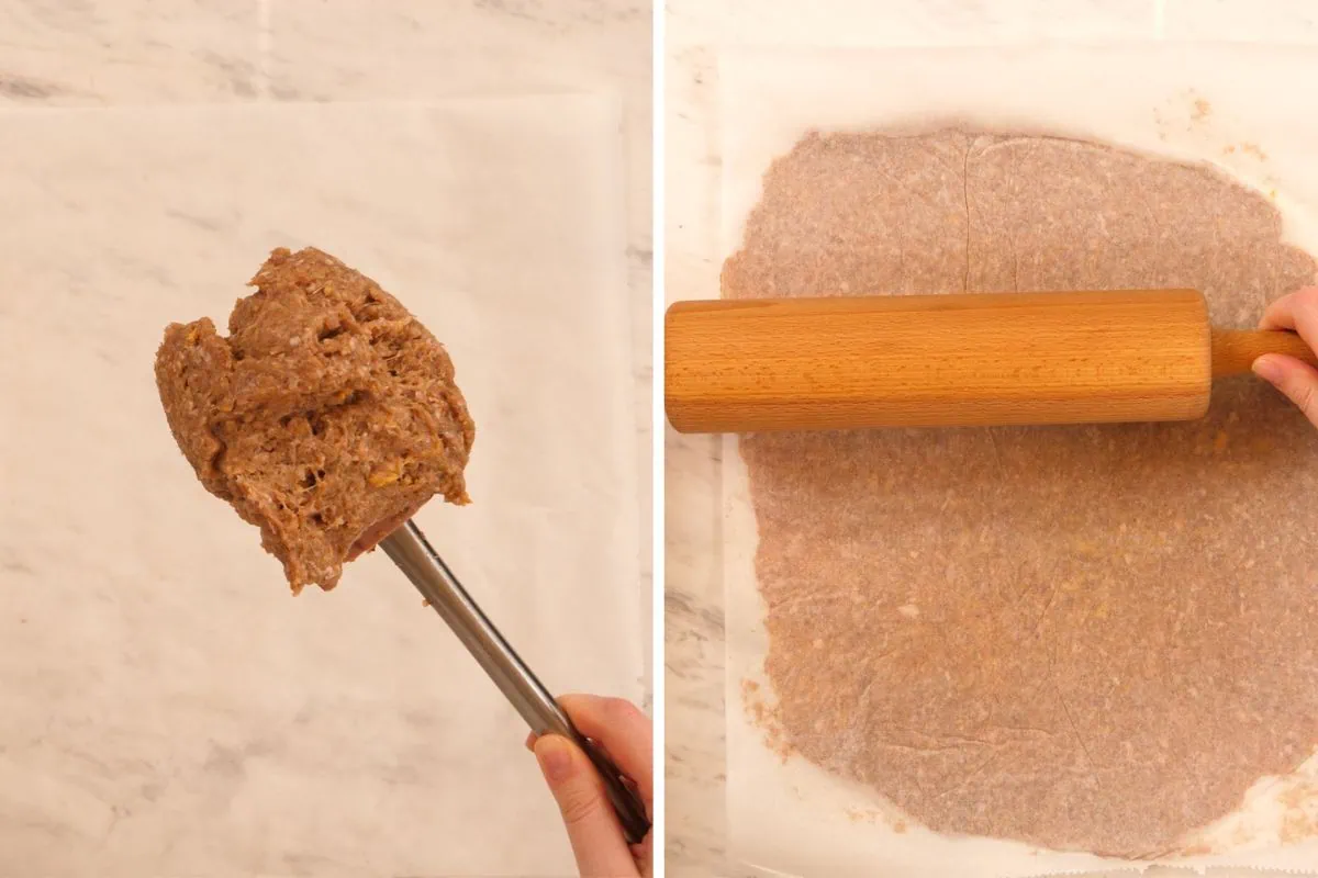 Viral Doner Kebab 6 Viral doner kebab meat mixture being scooped and spread between parchment paper before rolling flat.