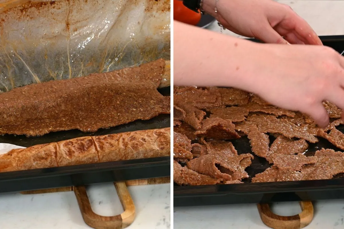Viral Doner Kebab 9 Freshly baked doner kebab roll being unwrapped and sliced into thin pieces.