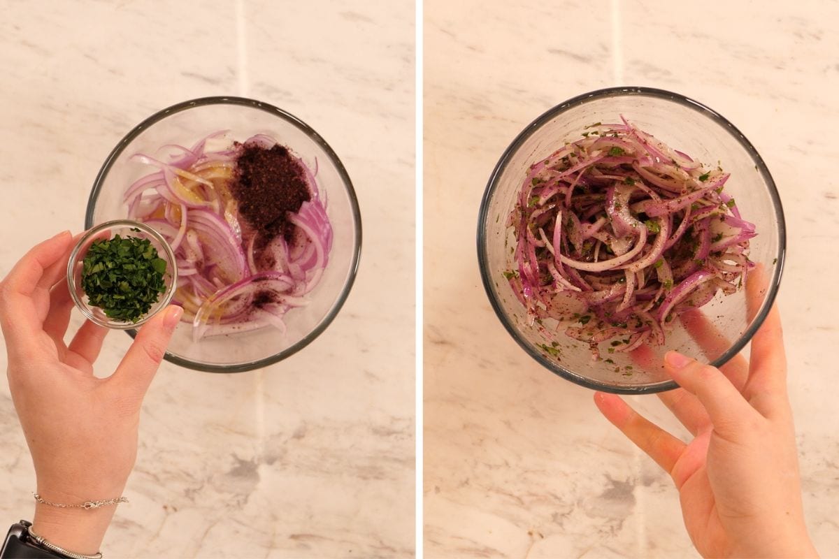 Prepared sumac onion salad in a bowl, ready to serve with doner kebab.