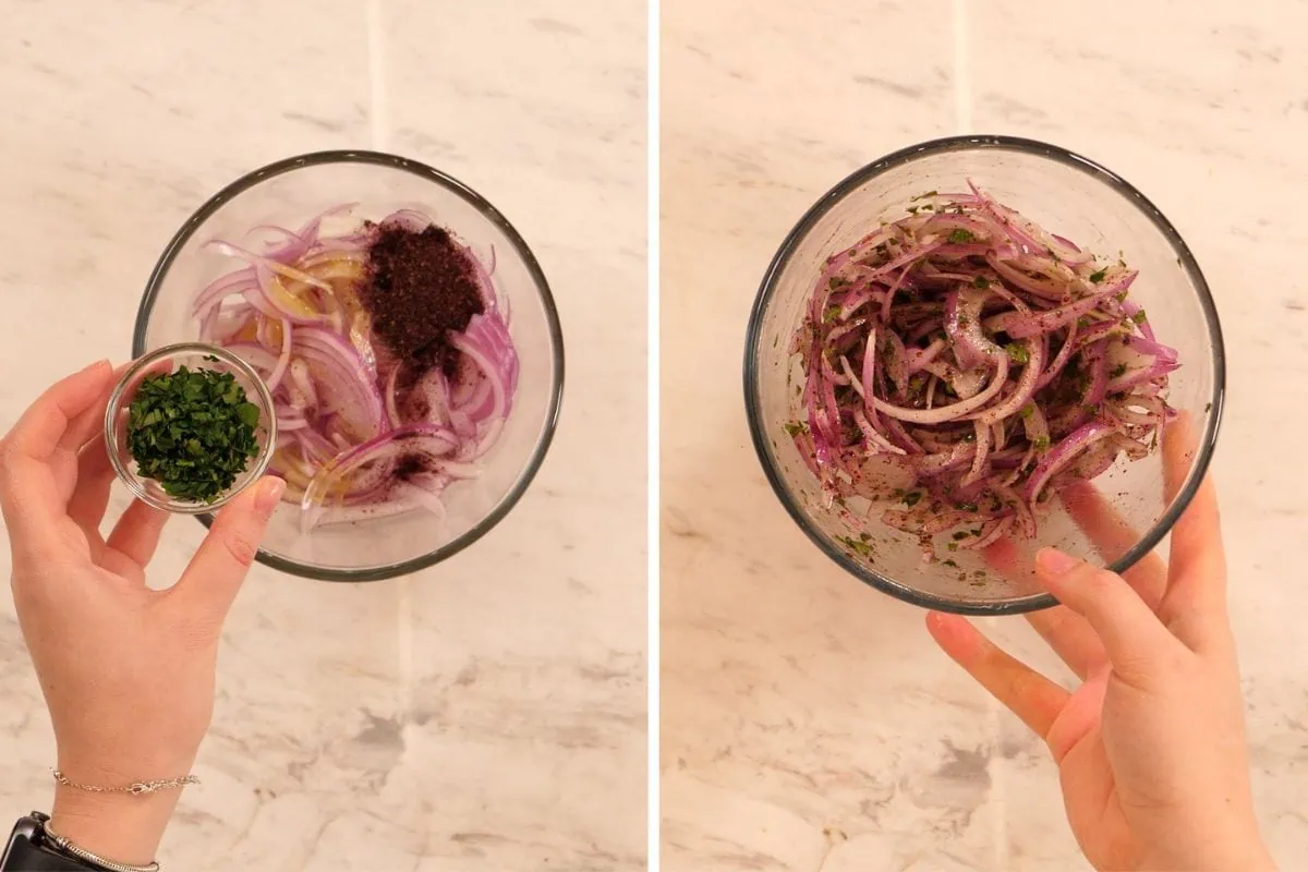 Viral Doner Kebab 12 Prepared sumac onion salad in a bowl, ready to serve with doner kebab.