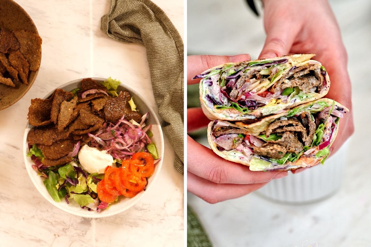 Two serving styles of doner kebab: a vibrant salad bowl and a hearty wrap filled with sliced meat and veggies.