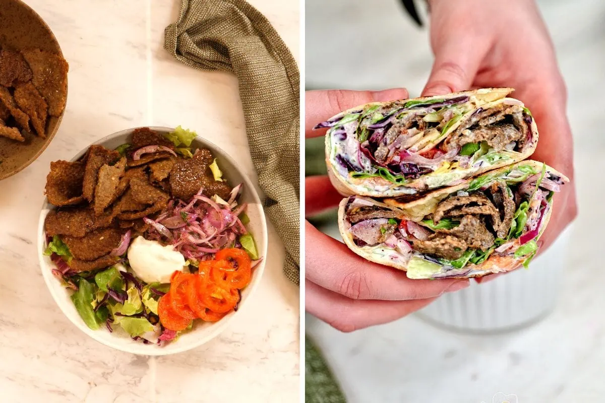 Viral Doner Kebab 13 Two serving styles of doner kebab: a vibrant salad bowl and a hearty wrap filled with sliced meat and veggies.
