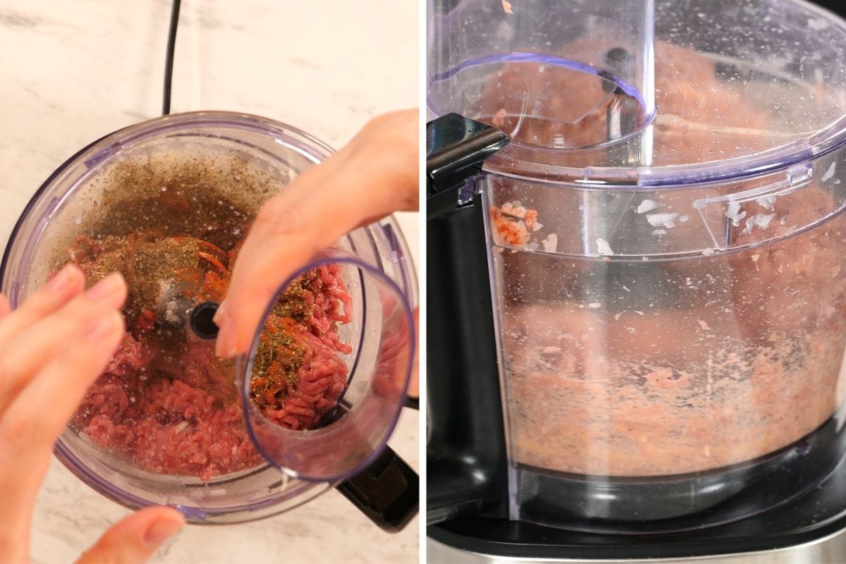 Ground beef and spices being blended in a food processor to make doner kebab meat.