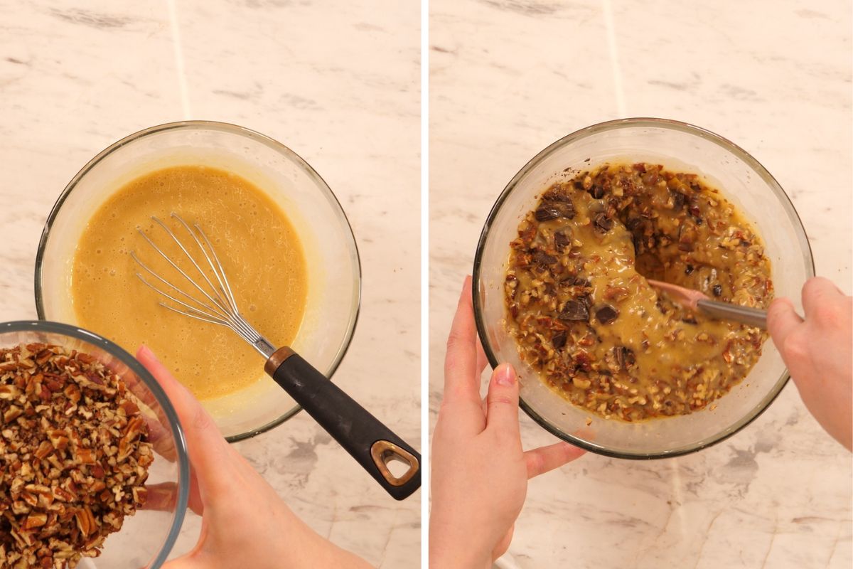Chopped pecans added to the sweet pecan pie filling and stirred until evenly combined.