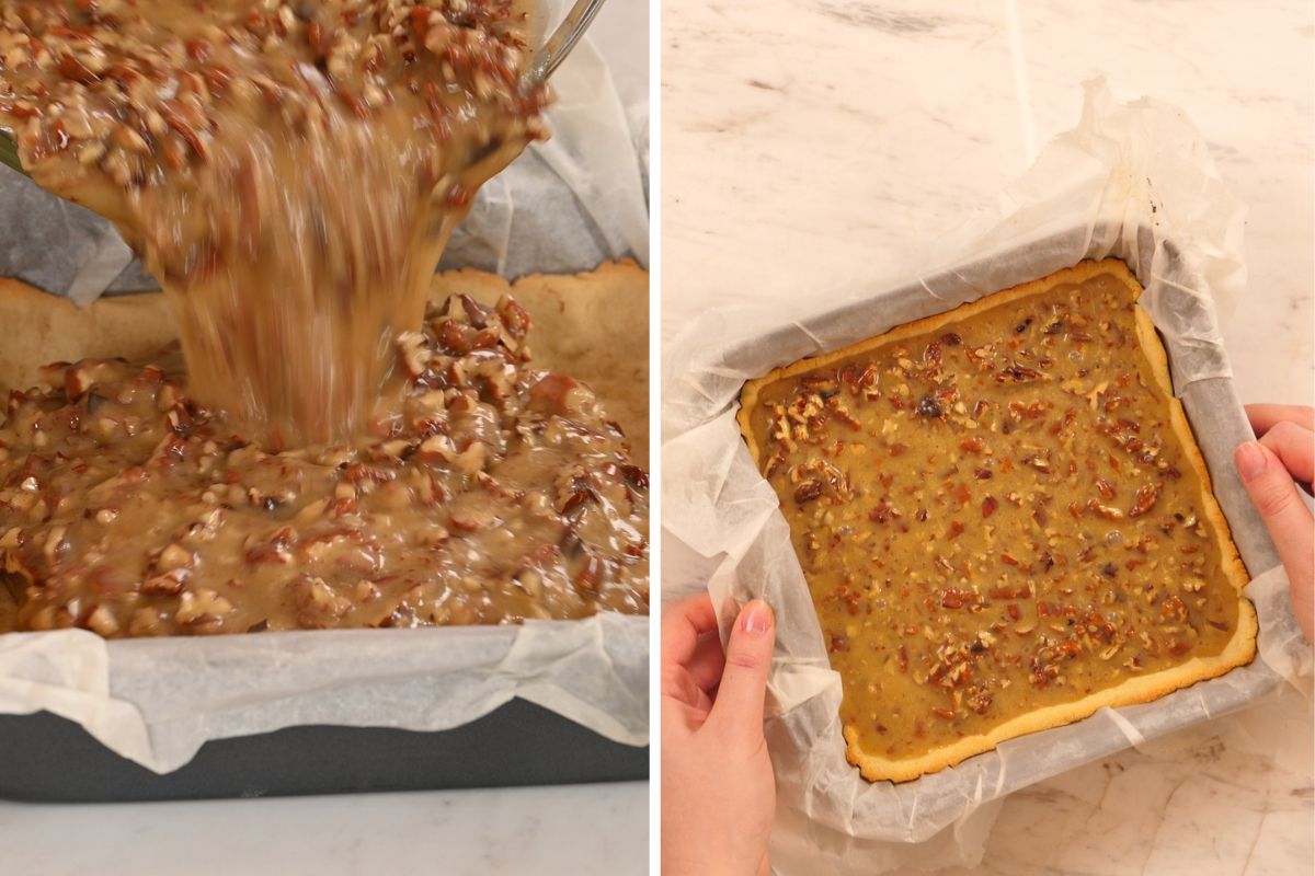 Pecan filling poured over the baked keto crust and spread evenly in the square baking pan.