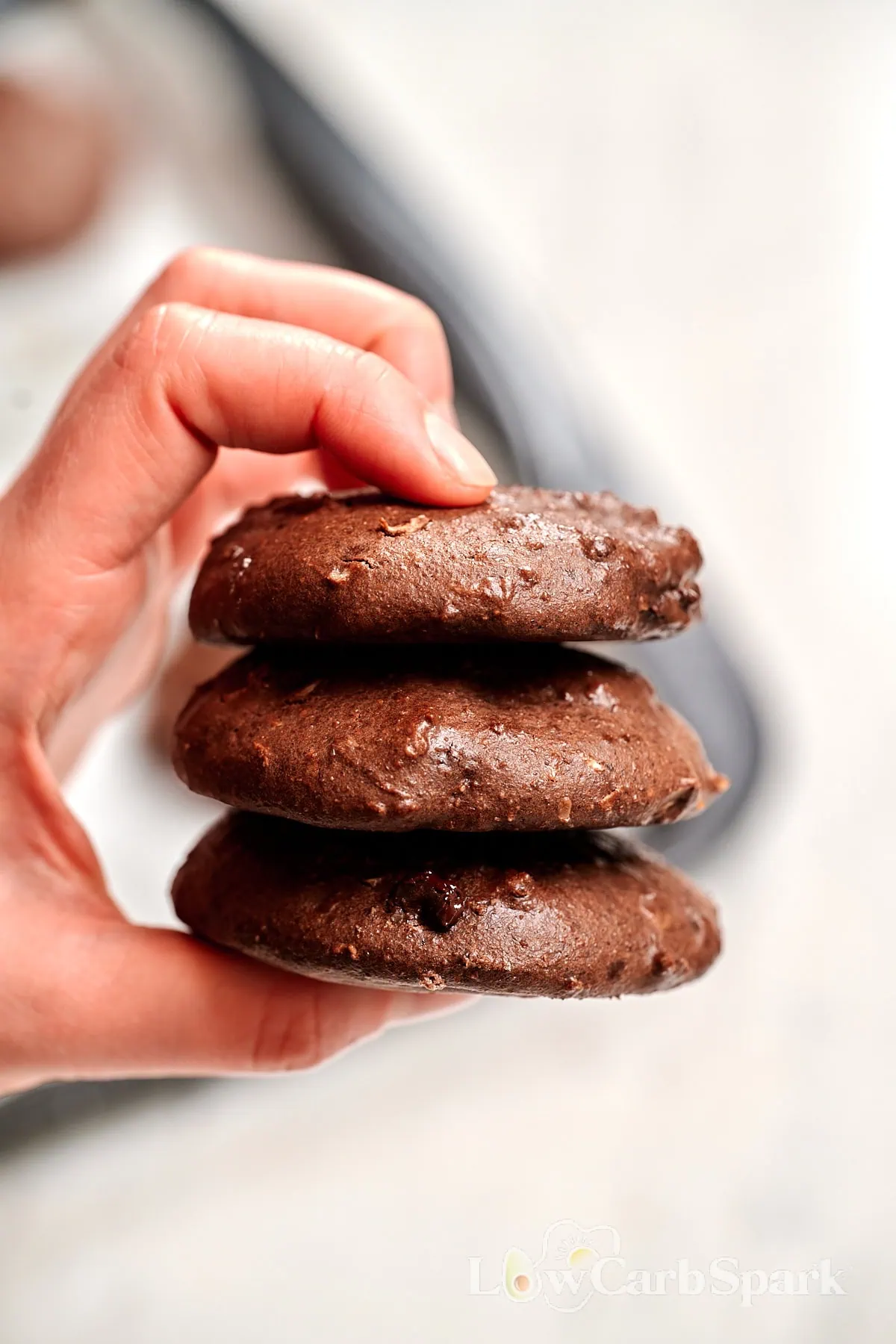 BEST High-Protein Chocolate Breakfast Cookies 8 Hand holding a stack of homemade high-protein chocolate breakfast cookies