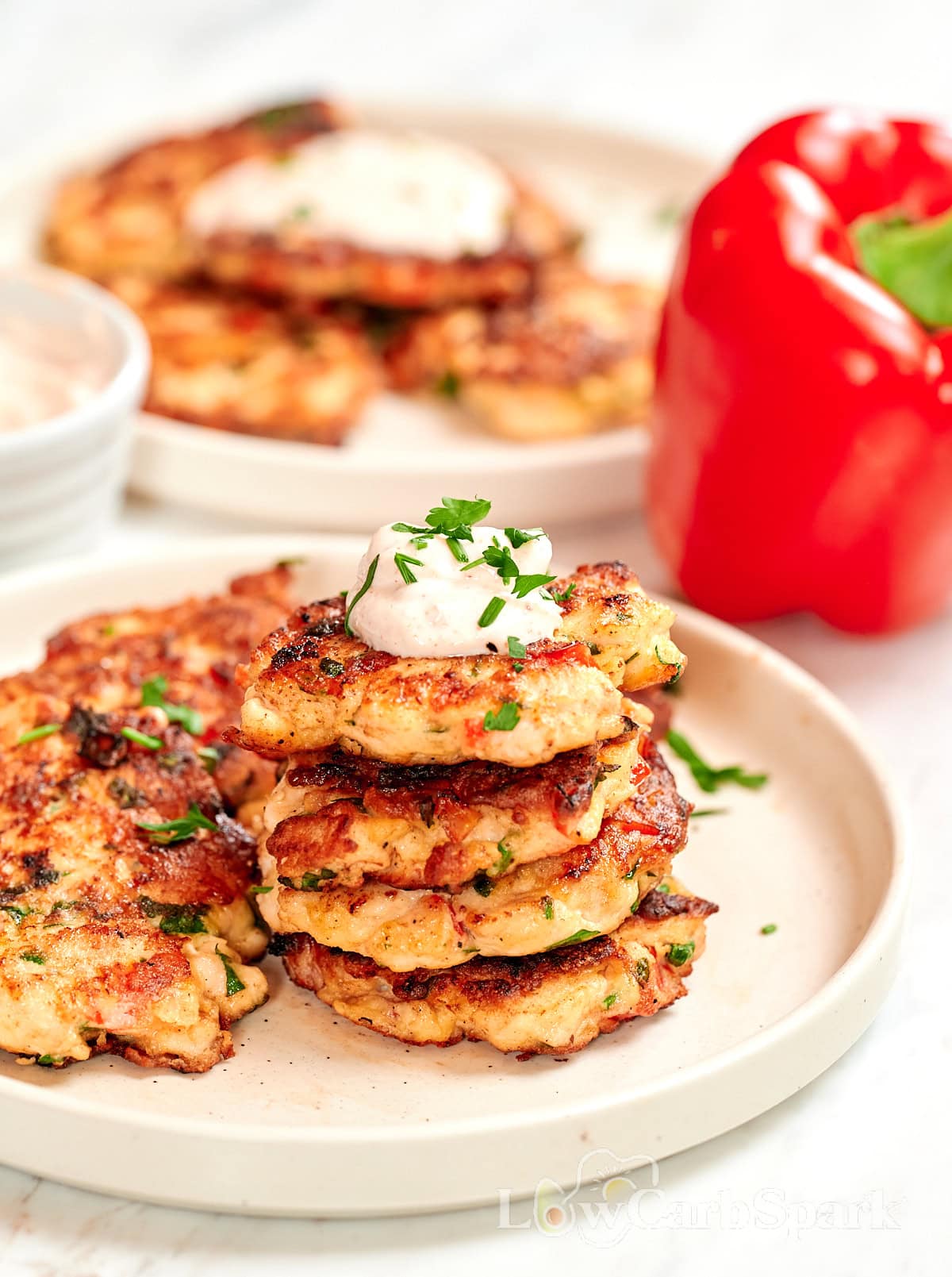 Cheesy Chicken Fritters 8 Stack of cheesy chicken fritters served with dipping sauce