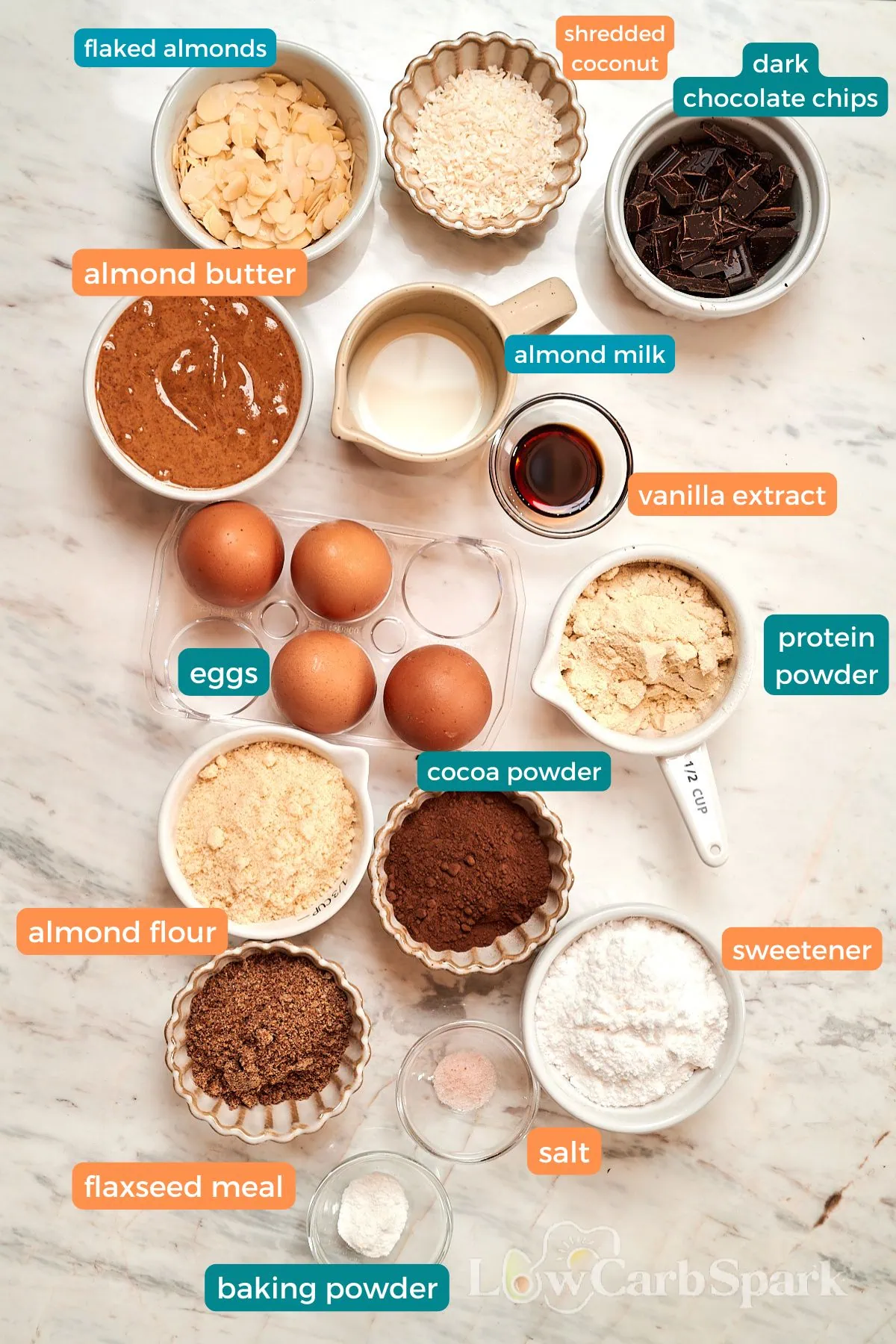 BEST High-Protein Chocolate Breakfast Cookies 2 Ingredients for high-protein chocolate breakfast cookies including almond flour, protein powder, eggs, and cocoa powder