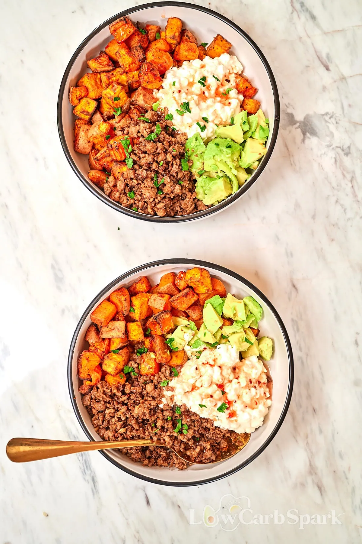 Viral Hot Honey Ground Beef and Sweet Potato Bowl 7 Two hot honey ground beef bowls served for meal prep