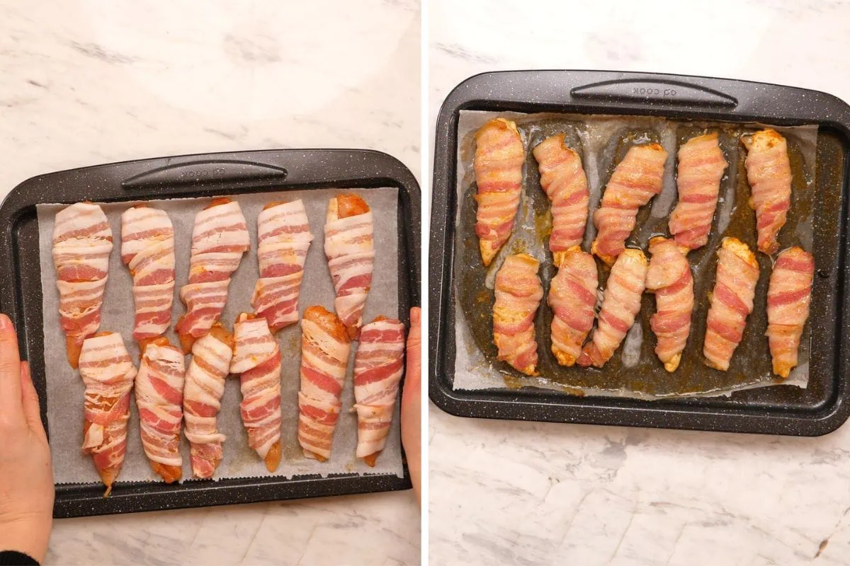 Barbecue Bacon-Wrapped Chicken Tenders 5 Bacon-wrapped chicken tenders halfway through baking