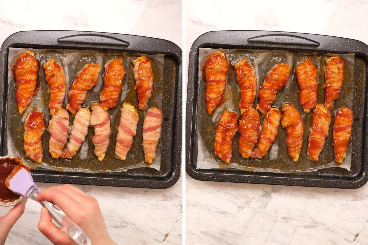 Barbecue Bacon-Wrapped Chicken Tenders 6 Brushing barbecue sauce onto bacon-wrapped chicken tenders