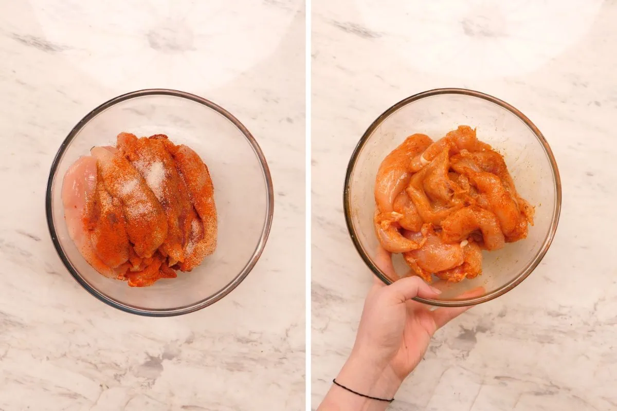 Barbecue Bacon-Wrapped Chicken Tenders 3 Preparing seasoned chicken for bacon-wrapped chicken tenders