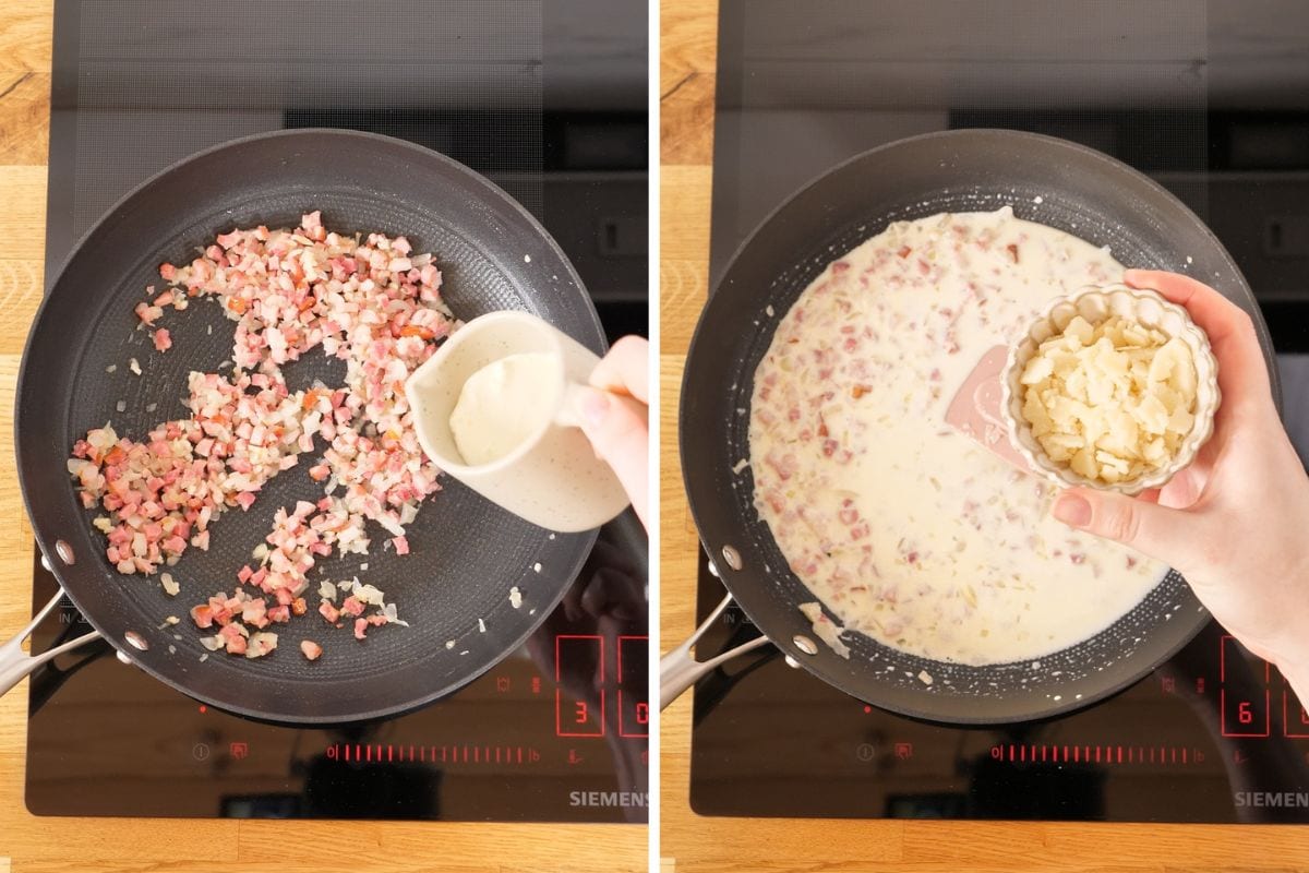 Cabbage Carbonara 7 Adding creamy sauce to bacon for carbonara