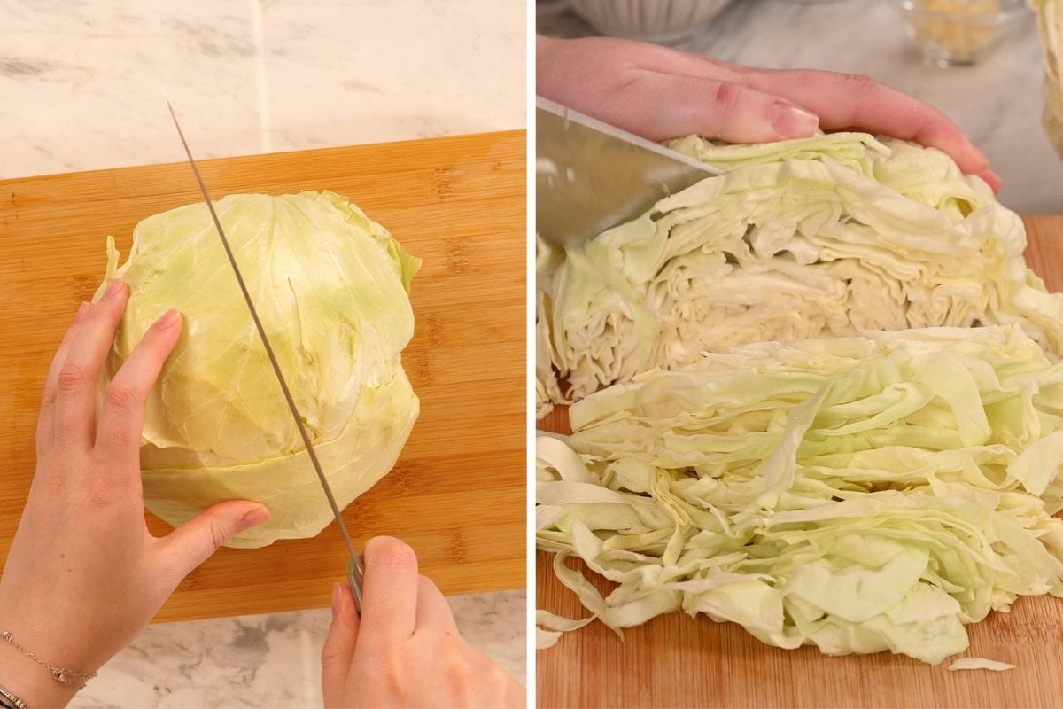 Cabbage Carbonara 3 Shredding cabbage with a knife on a cutting board