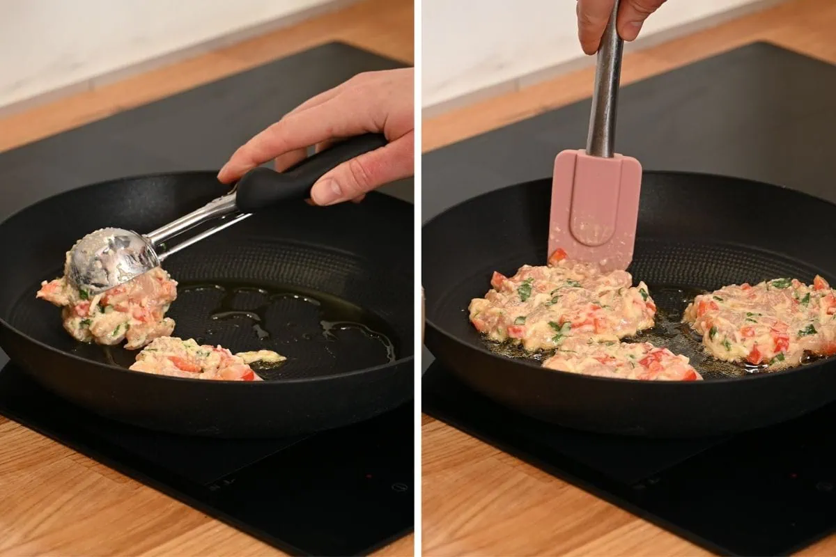 Cheesy Chicken Fritters 6 Scooping cheesy chicken fritter batter into a hot skillet