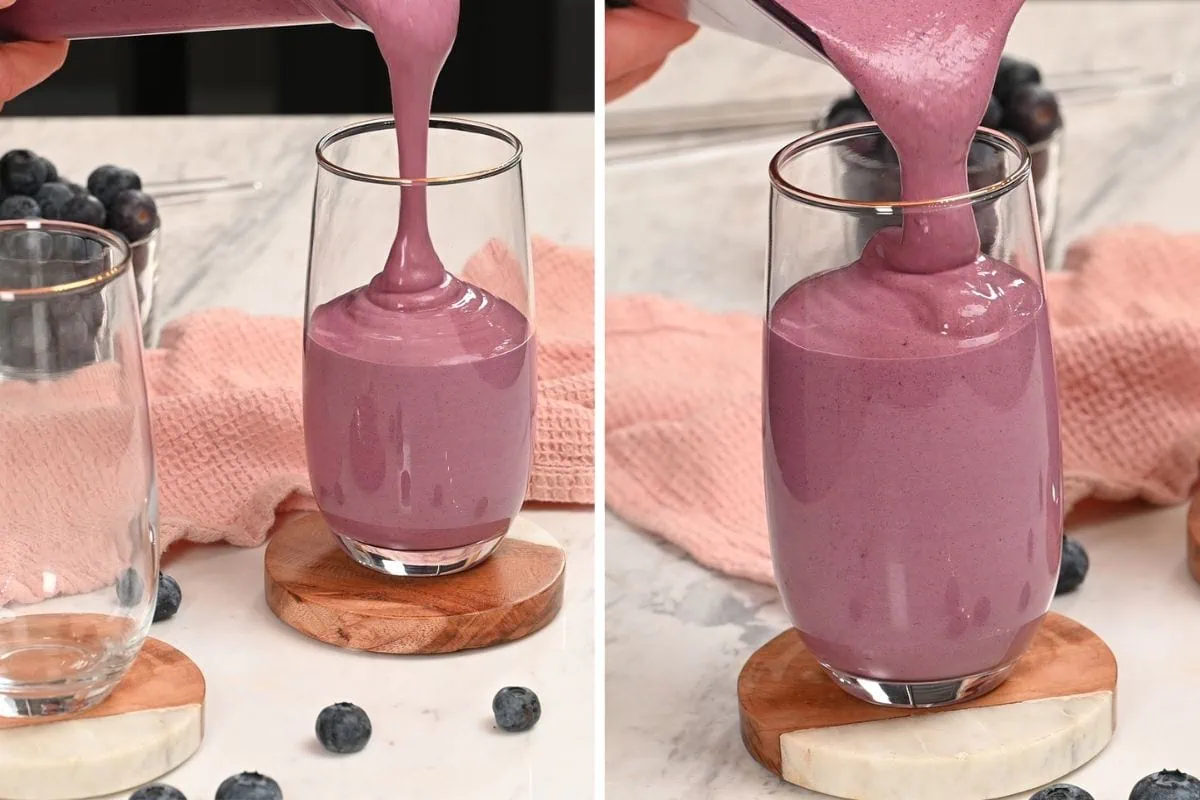 Cottage Cheese Blueberry Smoothie (High Protein!) 6 Pouring cottage cheese blueberry smoothie into glass