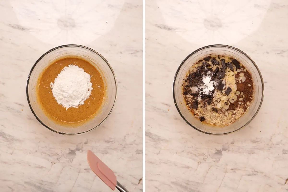 BEST High-Protein Chocolate Breakfast Cookies 4 Dry ingredients added to the bowl for high-protein chocolate breakfast cookies