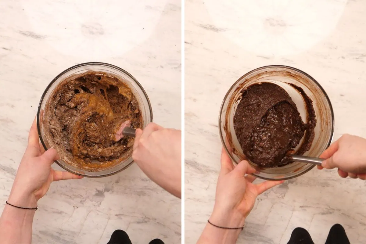 BEST High-Protein Chocolate Breakfast Cookies 5 Stirring chocolate protein cookie dough until combined