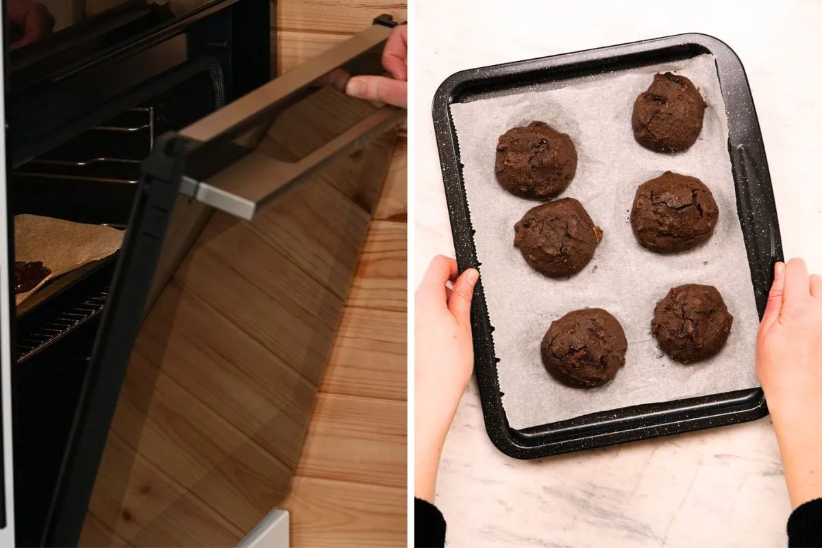 BEST High-Protein Chocolate Breakfast Cookies 7 Freshly baked high-protein chocolate breakfast cookies on a baking tray
