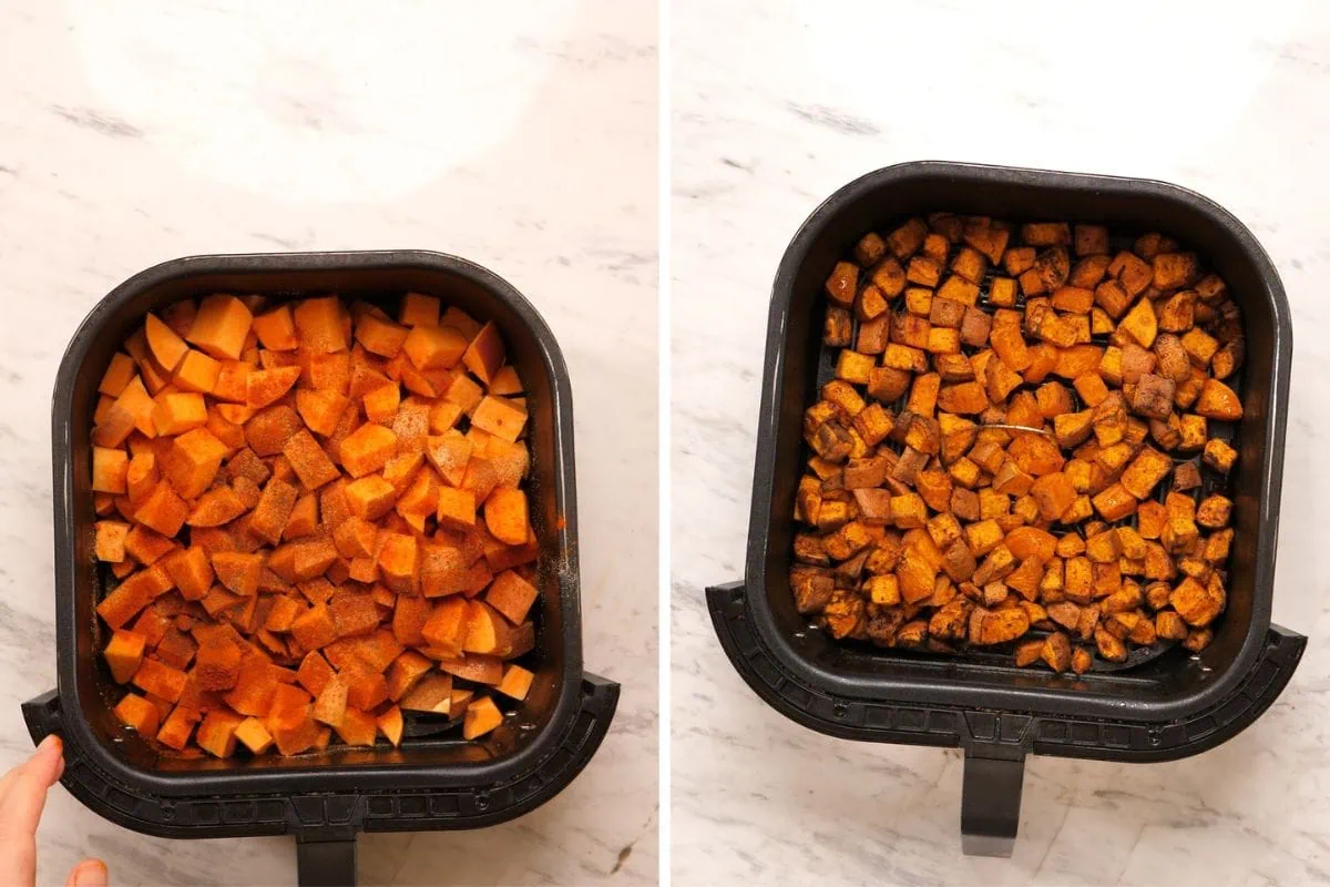 Viral Hot Honey Ground Beef and Sweet Potato Bowl 4 Sweet potatoes before and after air frying for hot honey beef bowls