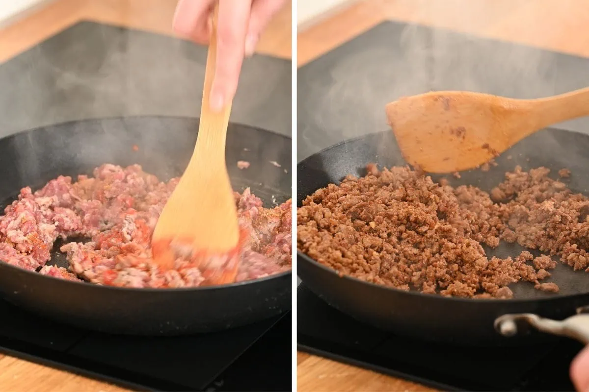Viral Hot Honey Ground Beef and Sweet Potato Bowl 5 Ground beef browning in a pan with seasonings
