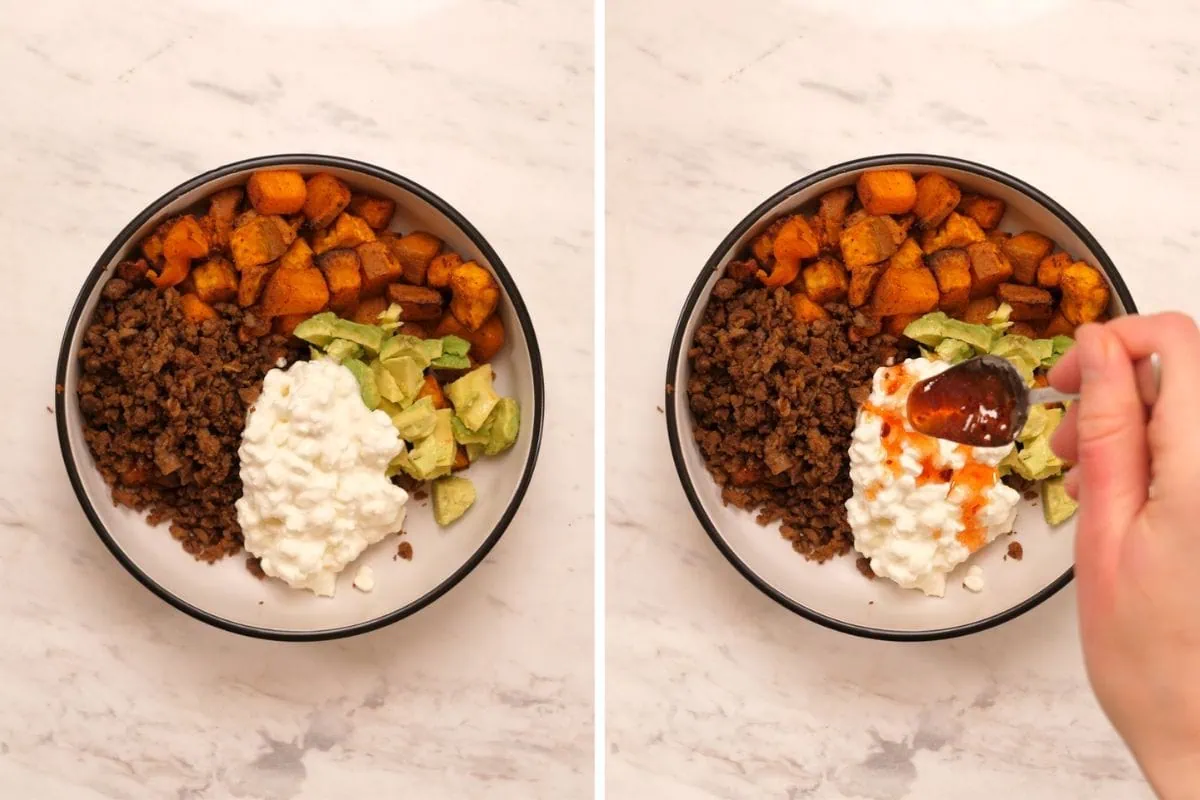 Viral Hot Honey Ground Beef and Sweet Potato Bowl 6 Hot honey ground beef bowl assembled with sweet potatoes, avocado, and cottage cheese